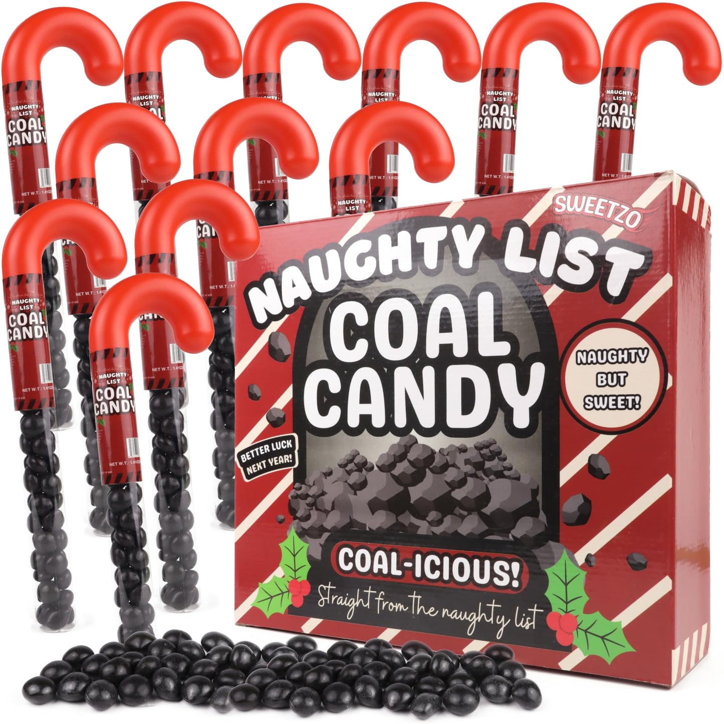Naughty List Coal Candy Cane Tubes, Bulk Funny Christmas Stocking Stuffer Gag Gifts, Strawberry Flavored Chewy Treats, 1.41 Ounces (Box of 12)
