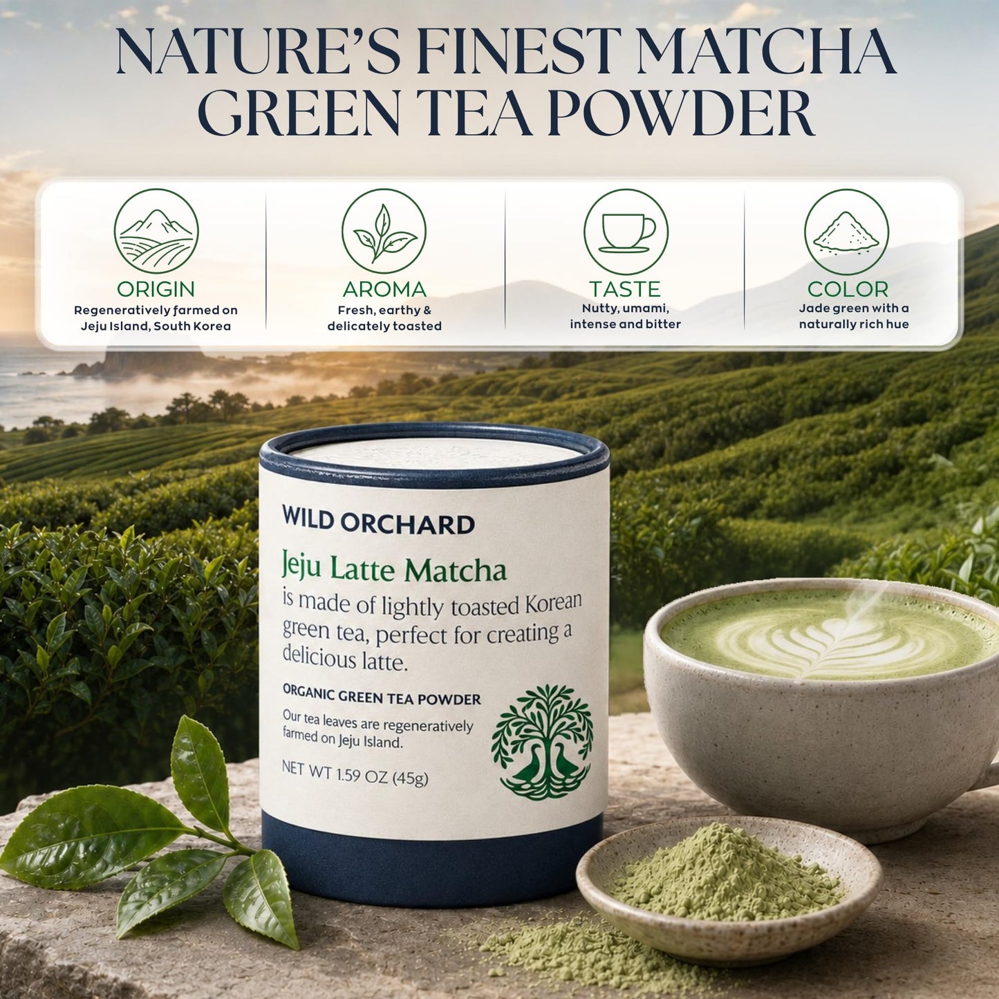 Wild Orchard Matcha Green for Lattes from Jeju Island - Premium Tea - 100% Regenerative Organic Certified - Premium Grade Matcha Green Tea Powder