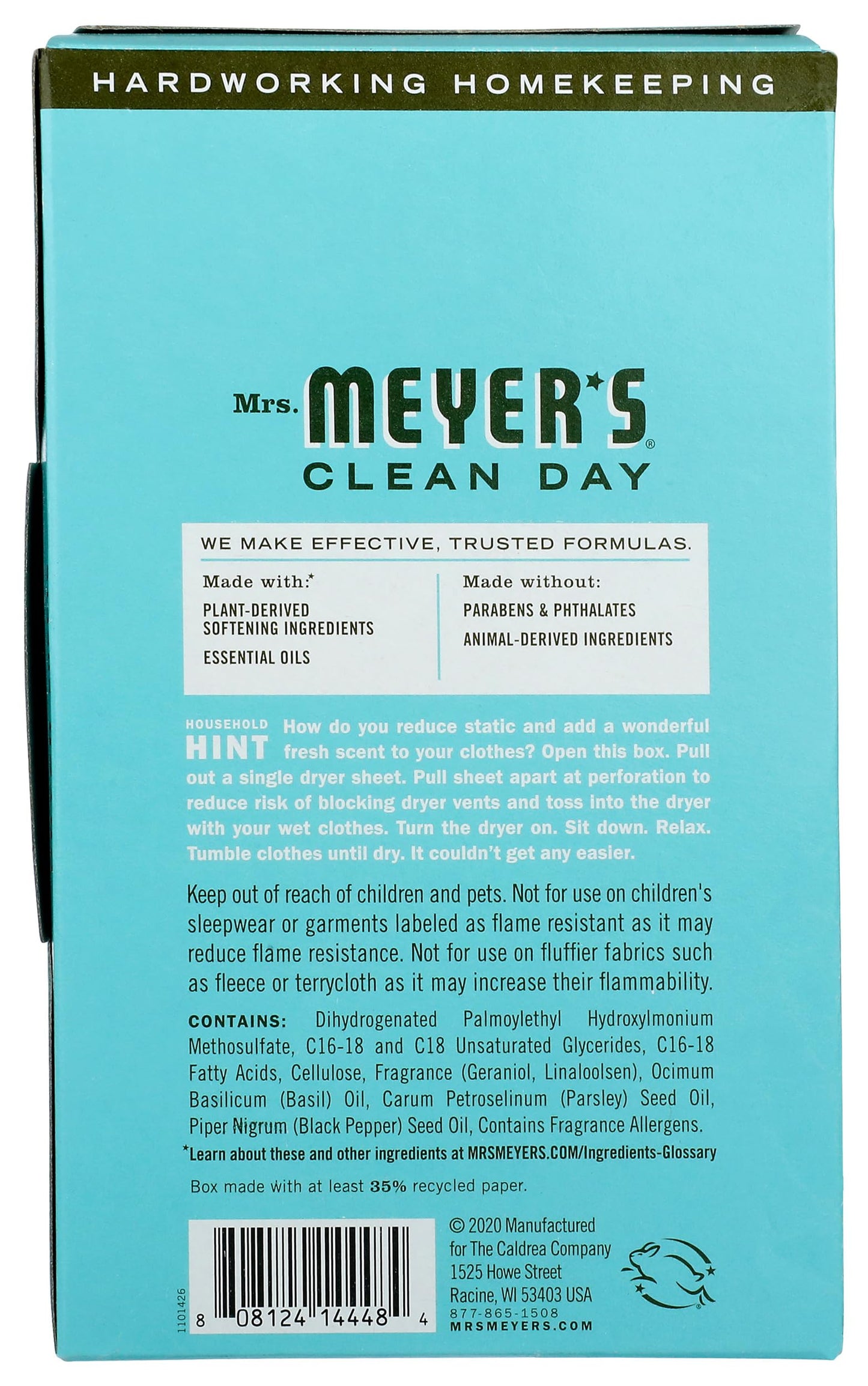 MRS. MEYER'S CLEAN DAY Dryer Sheets, Fabric Softener, Reduces Static, Infused with Essential Oils, Basil, 80 Count