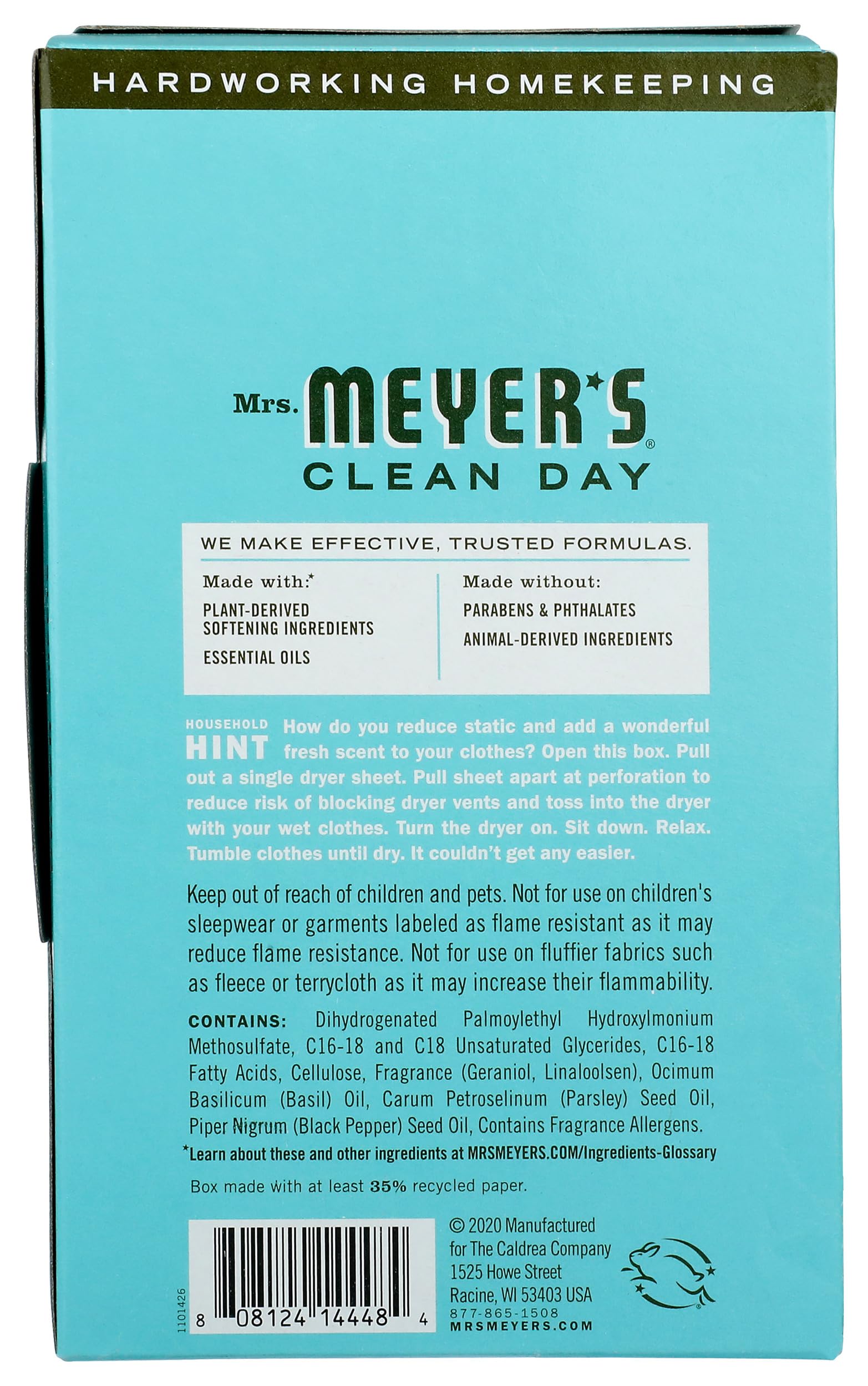 MRS. MEYER'S CLEAN DAY Dryer Sheets, Fabric Softener, Reduces Static, Infused with Essential Oils, Basil, 80 Count
