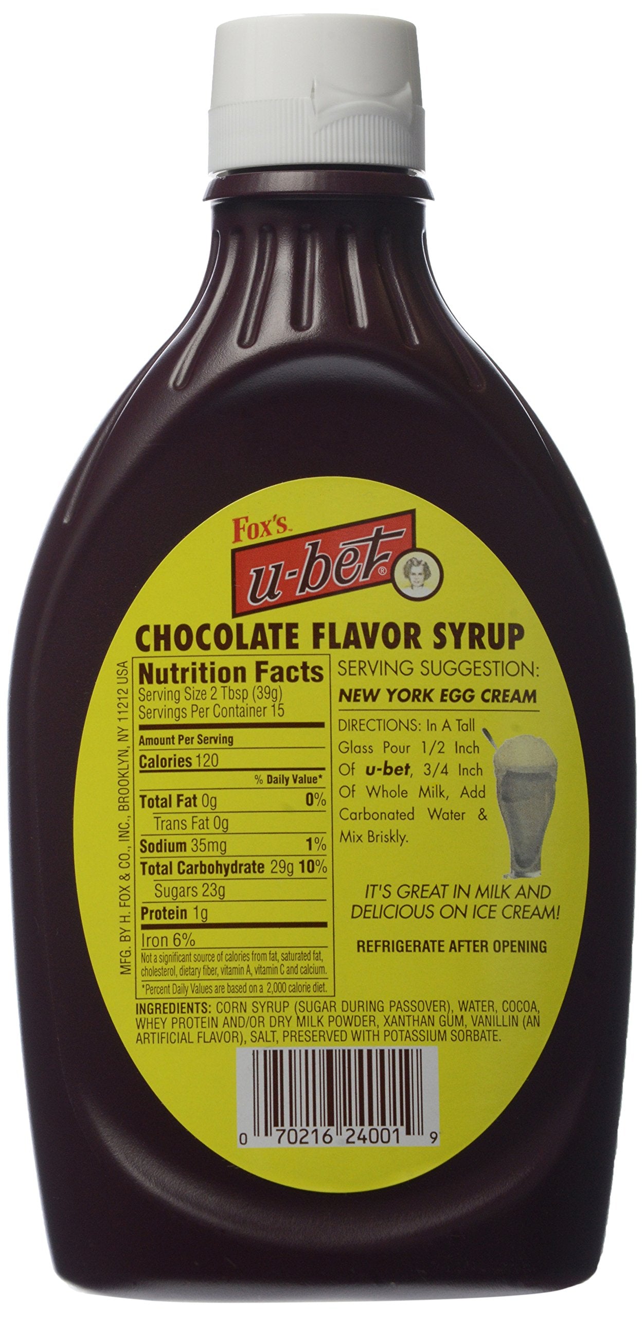 FOX’S U-BET Syrup Bottle - Brooklyn Original Since 1900, Thick, No High Fructose Corn Syrup, Kosher Certified, Fat Free, For Egg Creams, Coffee
