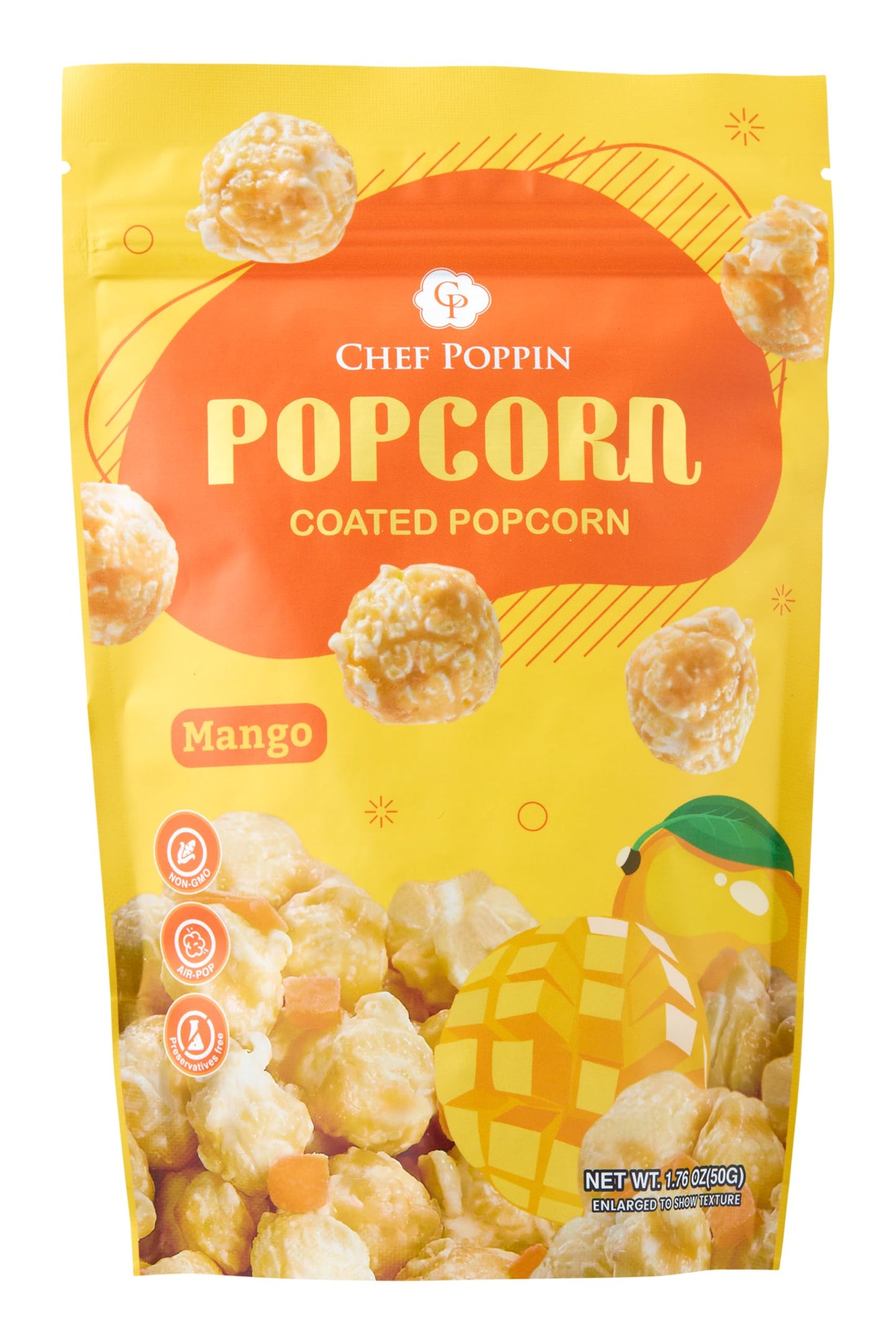 CHEF POPPIN Asian-Style Gourmet Flavored Popcorn, Non-GMO Corn, All Natural, Mango, 50g, 1.76 oz