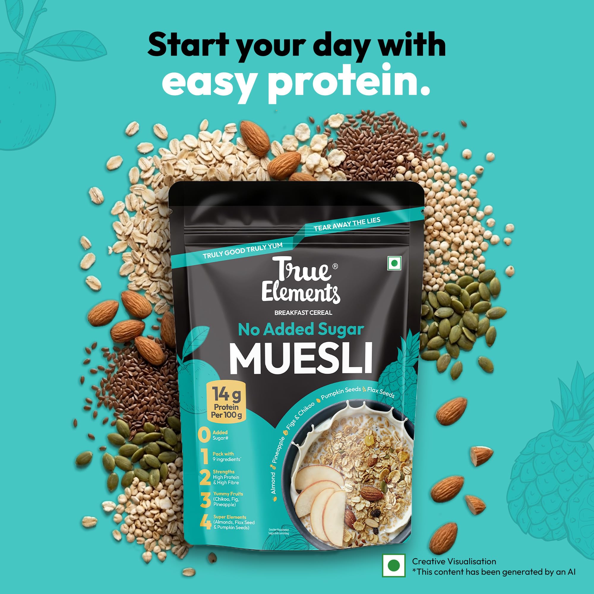 True Elements Muesli Sugar Free 1kg - Packed with 13.5g Plant Protein | Breakfast Cereal | No Added Sugar