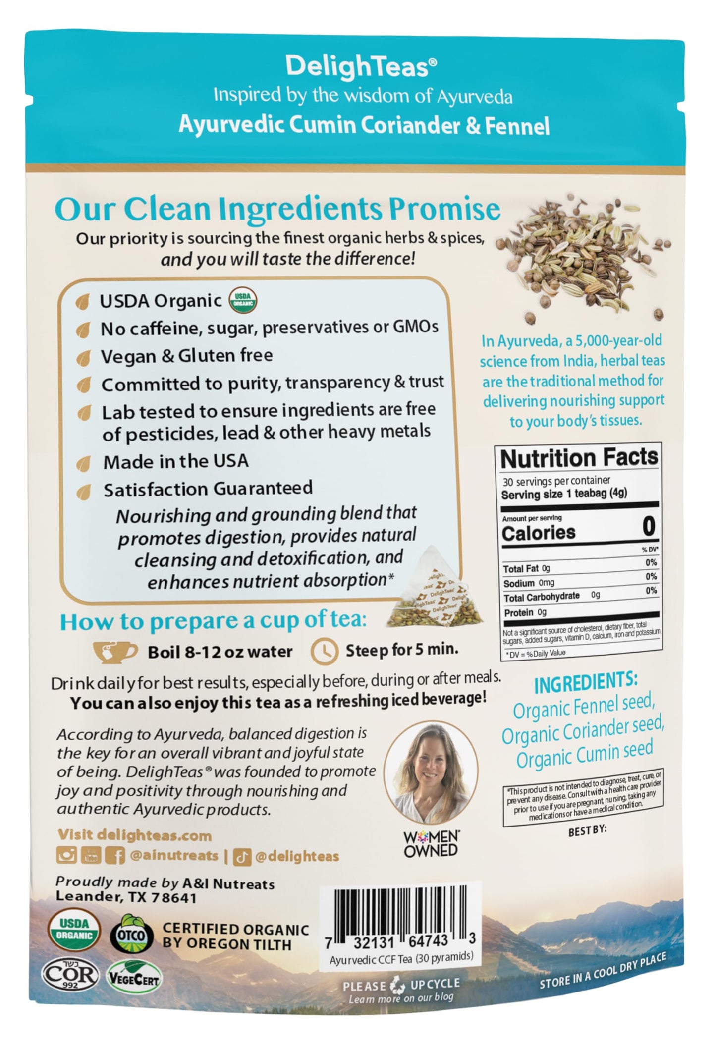 DelighTeas Organic Digest & Detox CCF Tea | Eco-friendly, Compostable Pyramid Tea Bags | Ayurvedic Cumin, Coriander, Fennel Tea | USDA Organic
