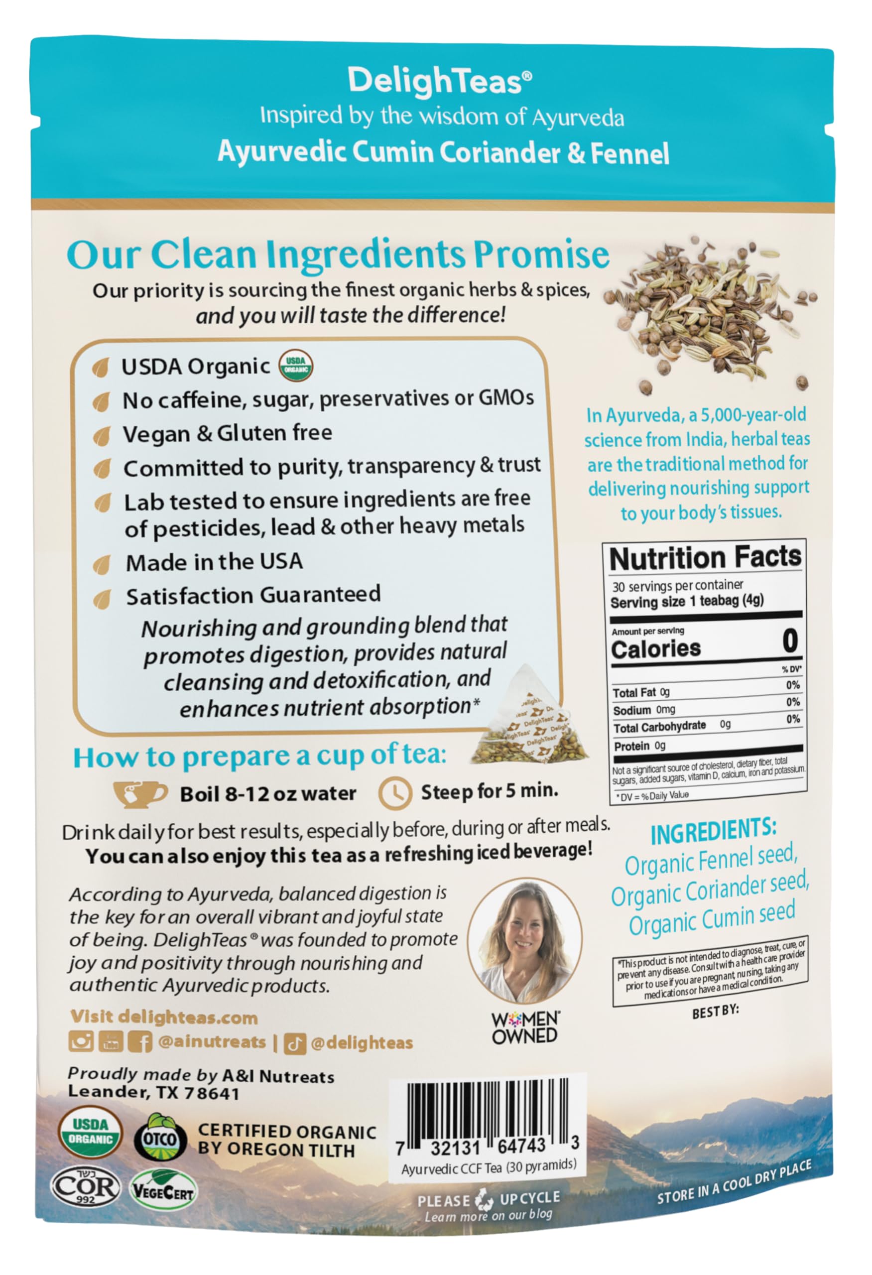 DelighTeas Organic Digest & Detox CCF Tea | Eco-friendly, Compostable Pyramid Tea Bags | Ayurvedic Cumin, Coriander, Fennel Tea | USDA Organic