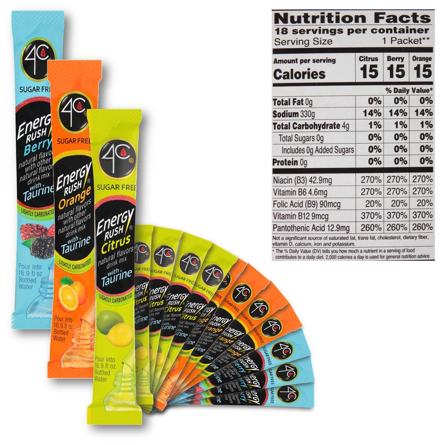 4C Energy Rush Stix, Variety 1 Pack, 18 Count, Single Serve Water Flavoring Packets, Sugar Free with Taurine, On the Go Bundle