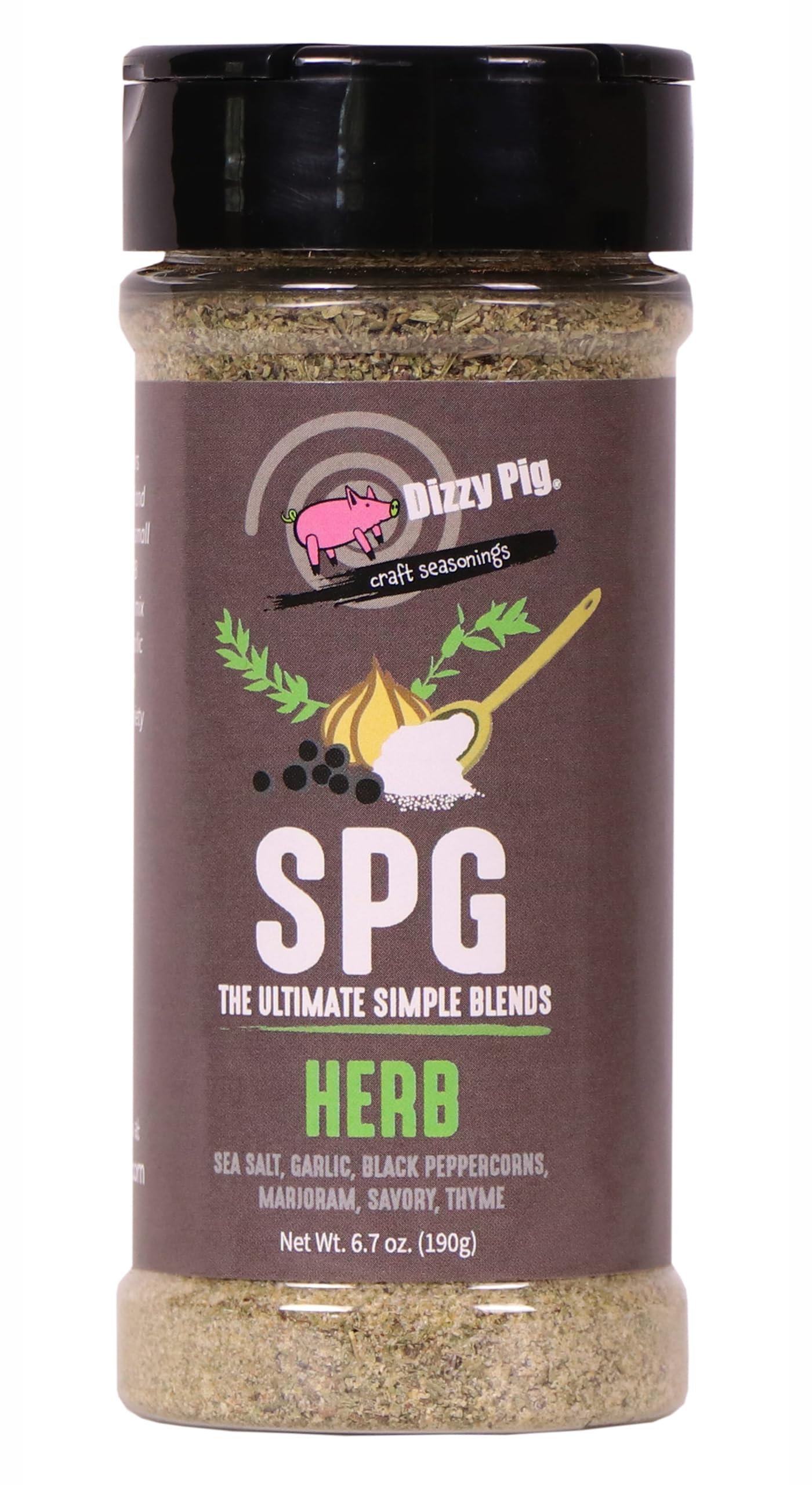 Dizzy Pig SPG Herb (Salt, Pepper & Garlic) Seasoning Rub (8oz Shaker) - Seasons 30+lbs of Food - Hand Made in the USA - MSG Free, Gluten Free