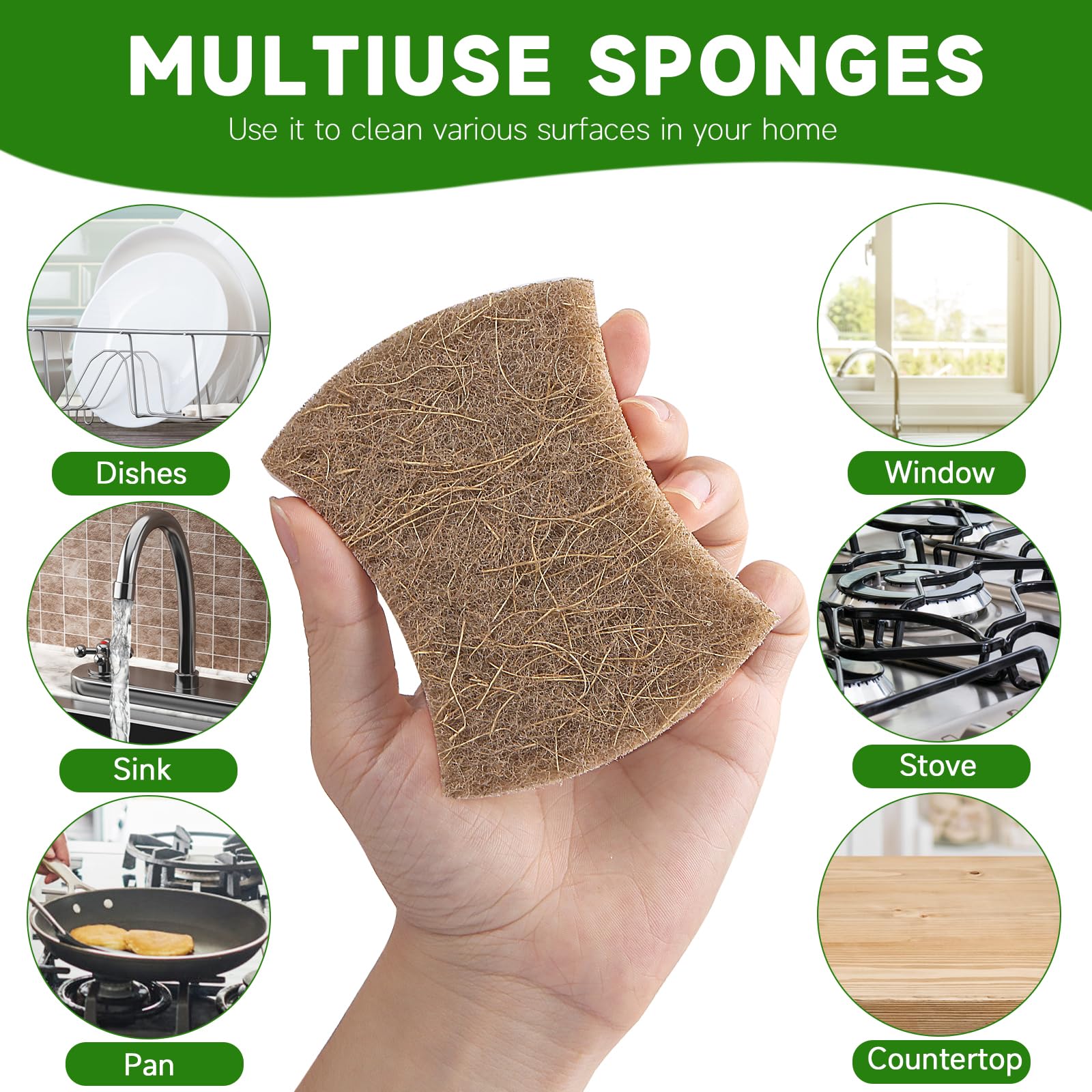 AEROZZ 10 Pack Biodegradable Natural Sponges Kitchen - Compostable Cellulose and Coconut Walnut Scrubber Sponge - Non Scratch Eco Friendly Quick