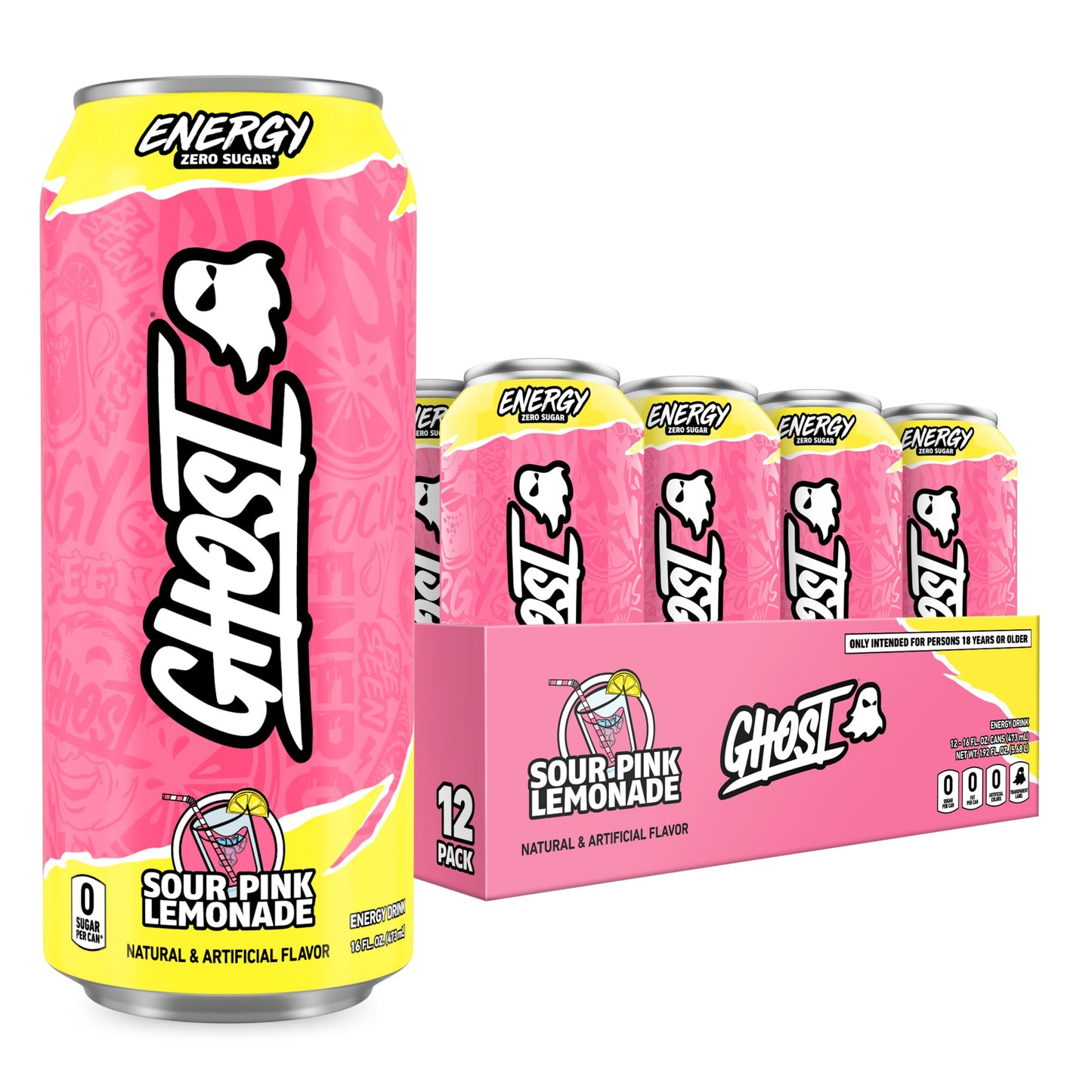 GHOST Energy Drink - 12-Pack, Sour Pink Lemonade, 16oz Cans - Energy & Focus & No Artificial Colors - 200mg of Natural Caffeine, L-Carnitine & Taurine