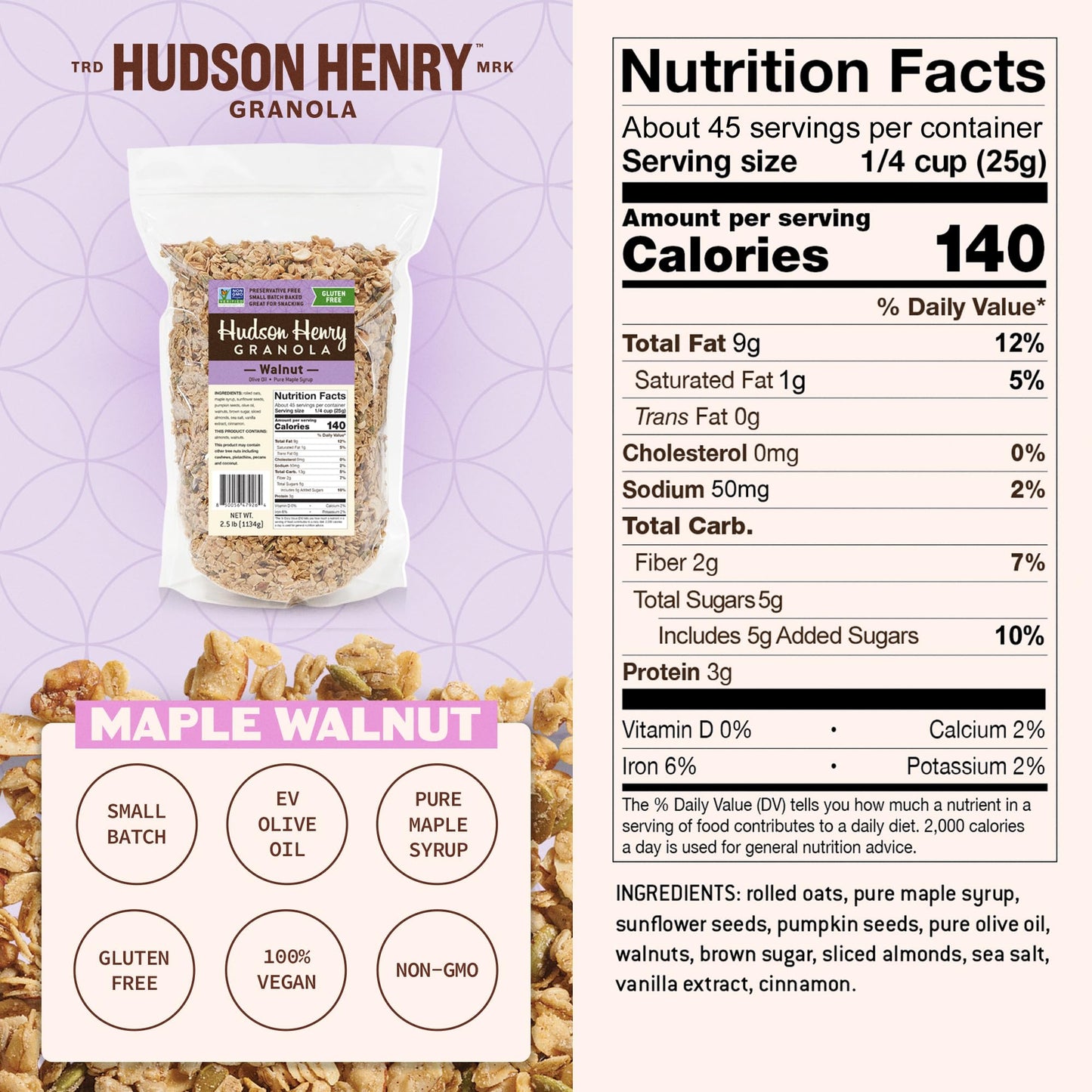 Hudson Henry Maple Walnut Granola | Gluten Free Granola with Nuts and Seeds | Vegan, Non-GMO & Small Batch Baked with Pure Maple Syrup & Extra Virgin