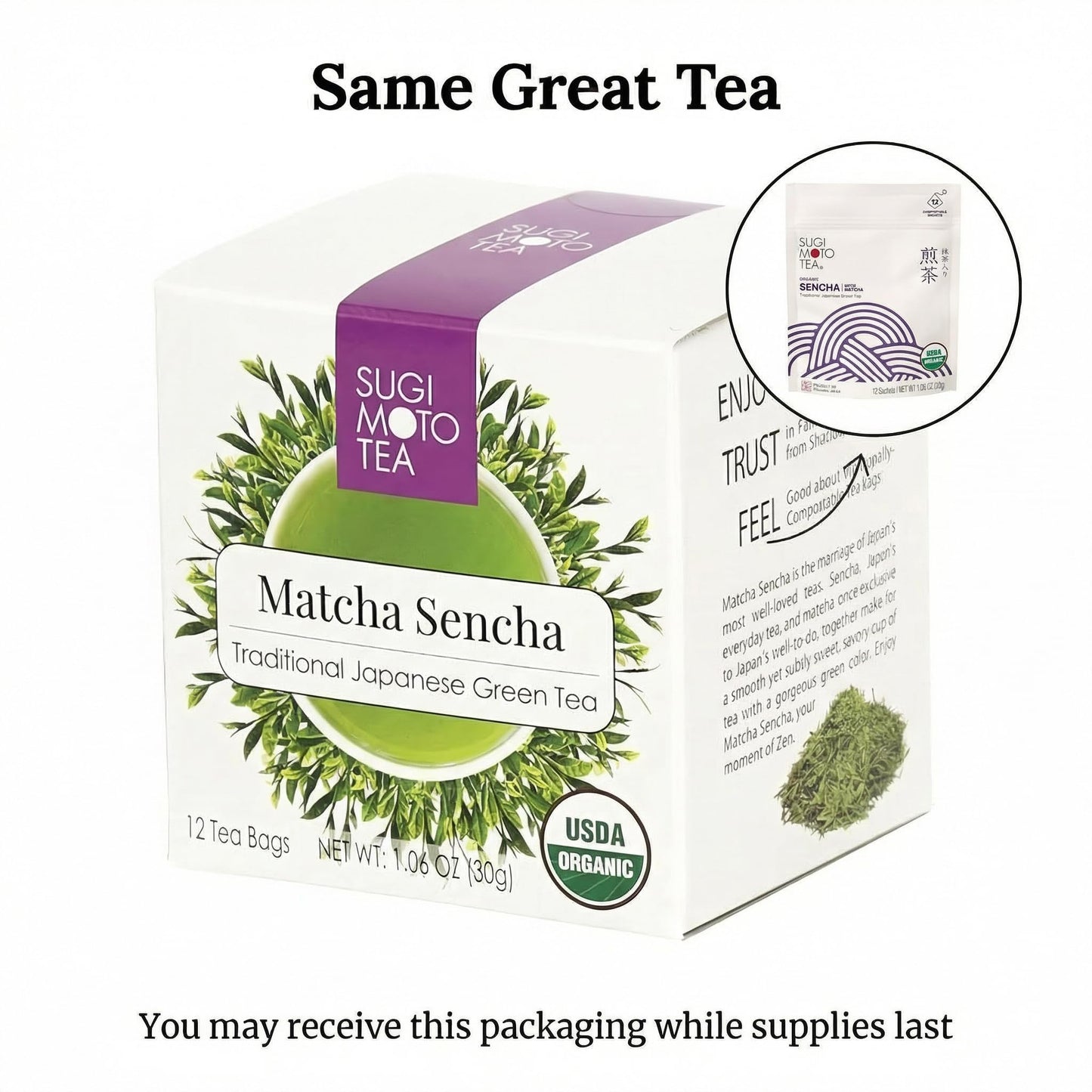 SUGIMOTO TEA Japanese Organic Sencha with Matcha Green Tea Bags 12 Count