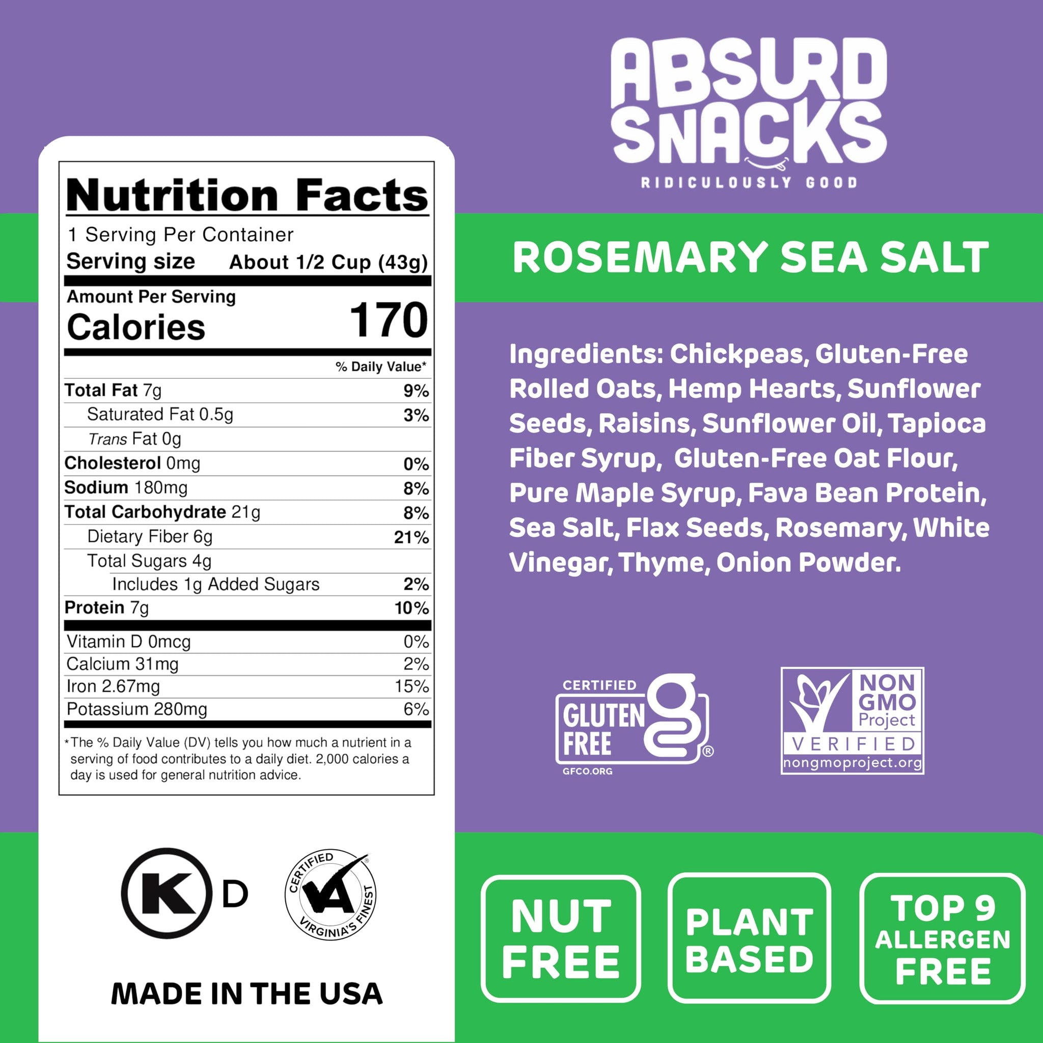 Absurd Snacks Chickpea & Granola Crunch Mix, Nut-Free, Gluten-Free, Plant-Based Snack, Good Source of Protein & Fiber 1.5 Ounce (Pack of 8), Rosemary