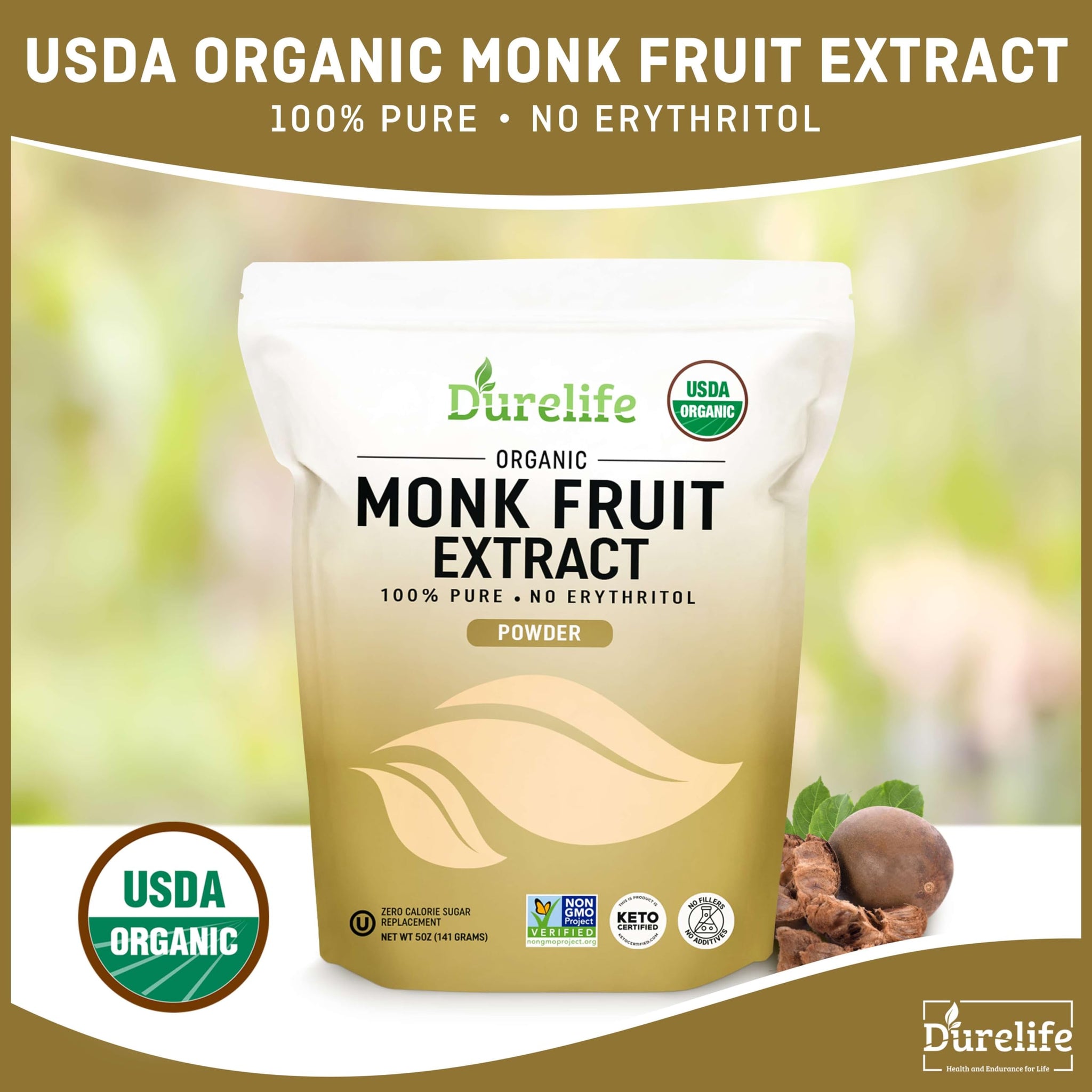 Durelife Organic 100% Pure Monk Fruit sweetener, No Erythritol, Monkfruit Extract Powder, USDA organic NON-GMO Project Verified, Keto Certified, OU kosher No Fillers Zero Calorie Sugar Substitute 5 OZ