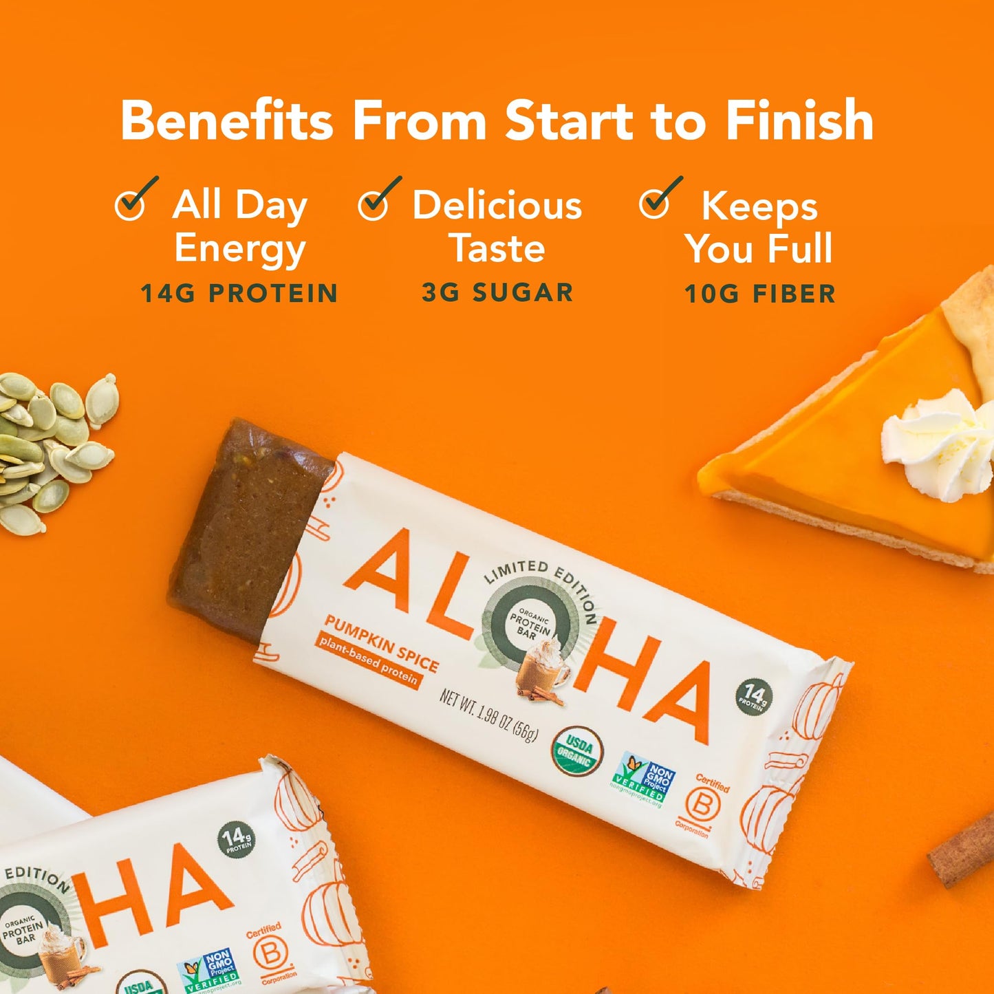 ALOHA Organic Plant Based Protein Bars - Pumpkin Spice, Vegan, Low Sugar, Gluten-Free, Low Carb, Non-GMO, No Stevia, No Erythritol - LIMITED EDITION
