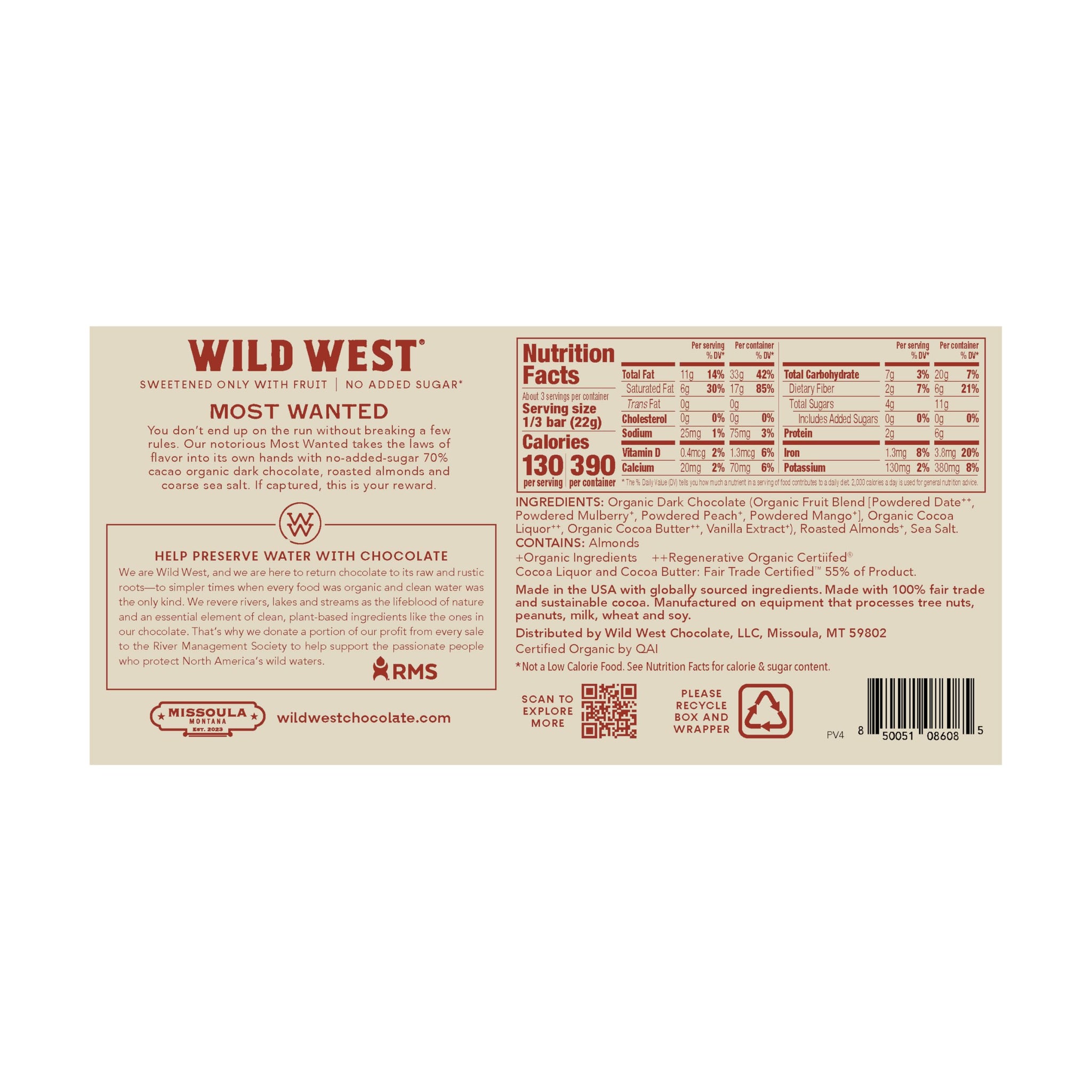 Wild West Chocolate, Most Wanted, 70% Cacao Dark Chocolate with Almonds & Sea Salt, 1 Count, 2.3oz each