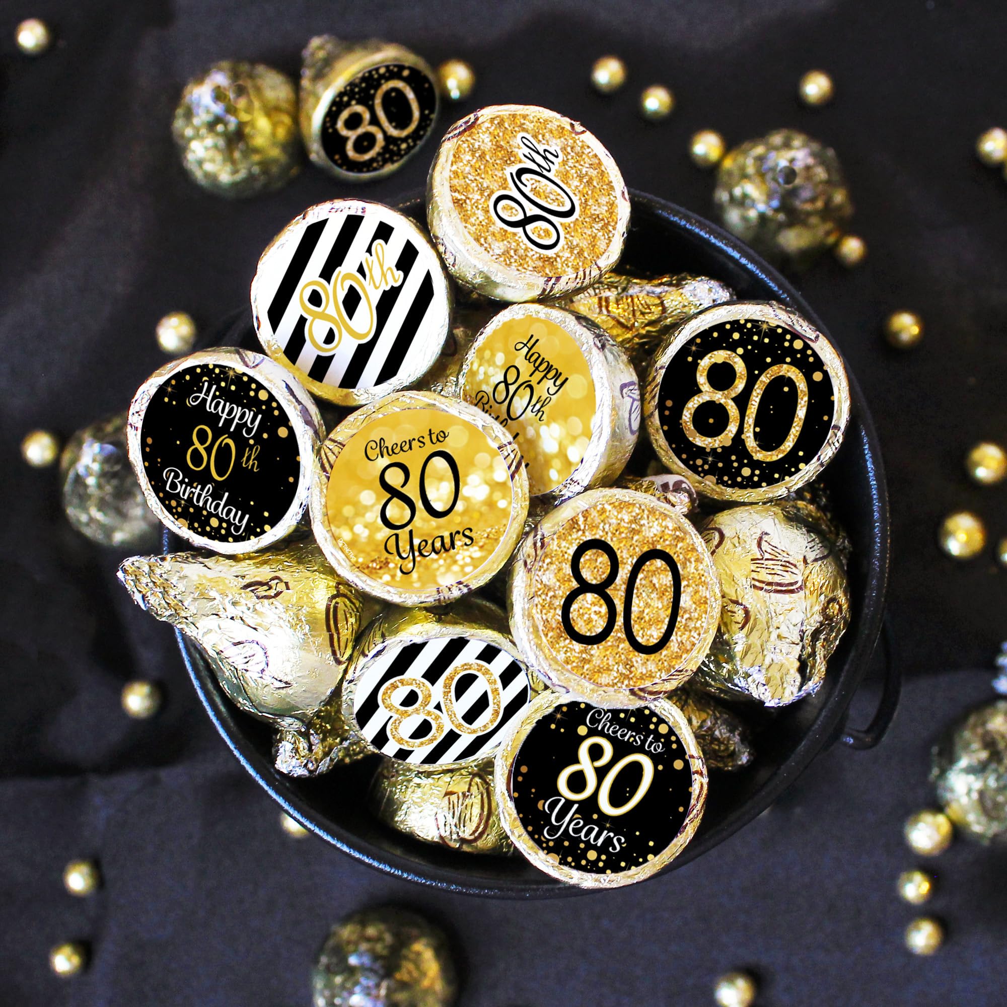 Black and Gold 80th Birthday Stickers - Chocolate Kisses Candy Party Favor Labels, 80th Birthday Decorations - 180 Count