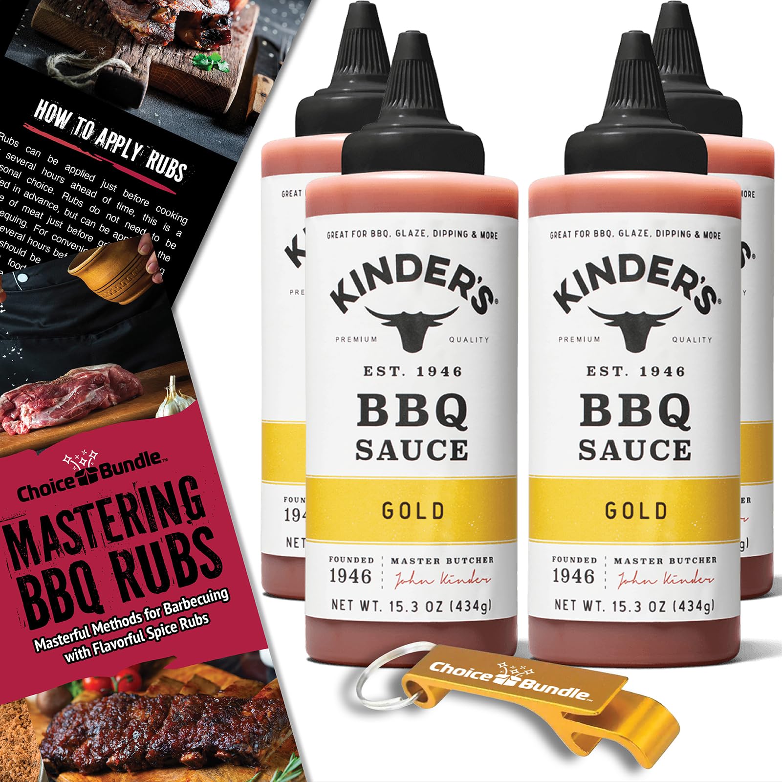 Kinder’s Gold BBQ Premium Barbecue Sauce 4 Pk (61.2 oz) Great to Dip Toss Glaze & More + Barbecue Masters & Bottle Opener (6 Items)!