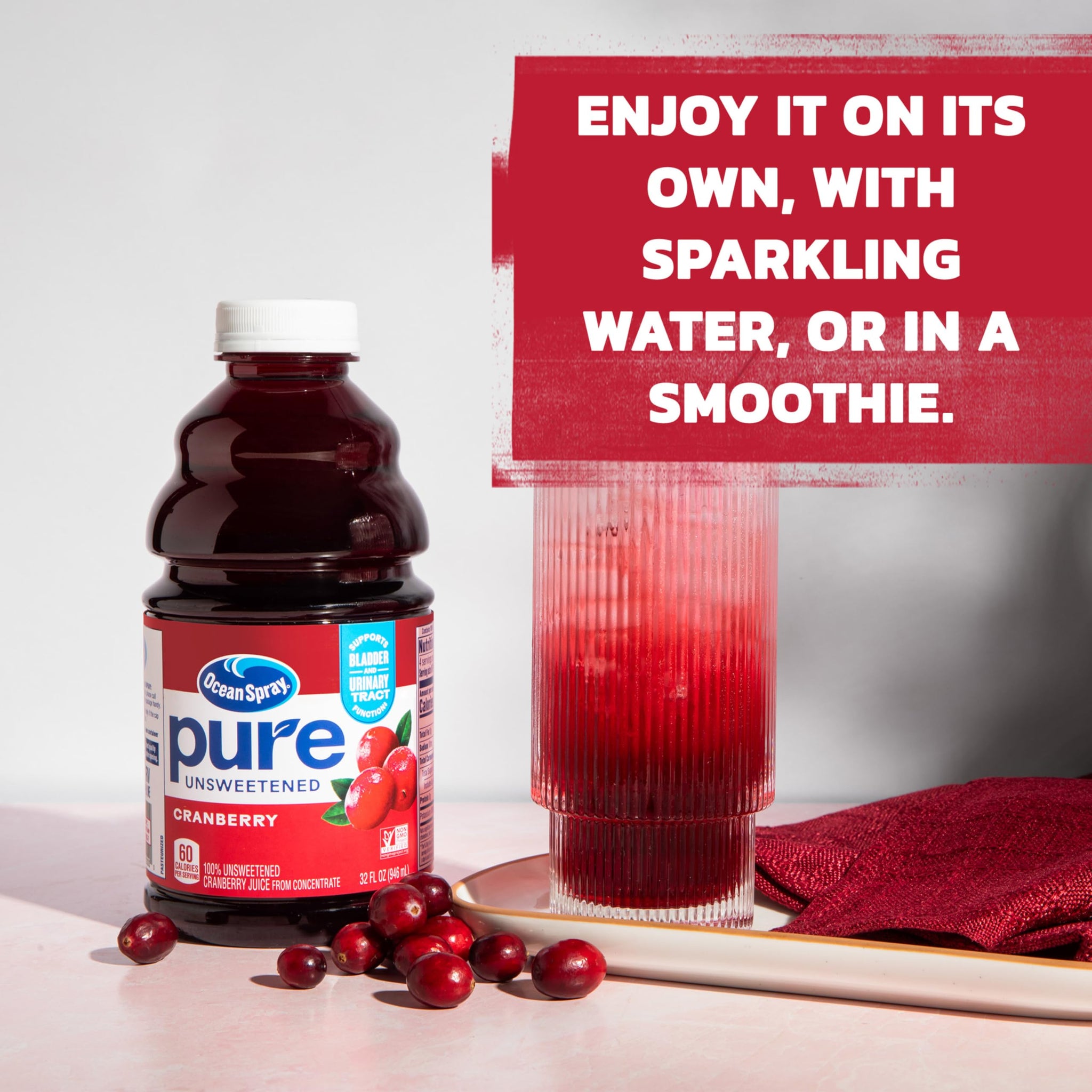 Ocean Spray® Pure Unsweetened Cranberry, 100% Cranberry Juice From Concentrate, 32 Fl Oz Bottle