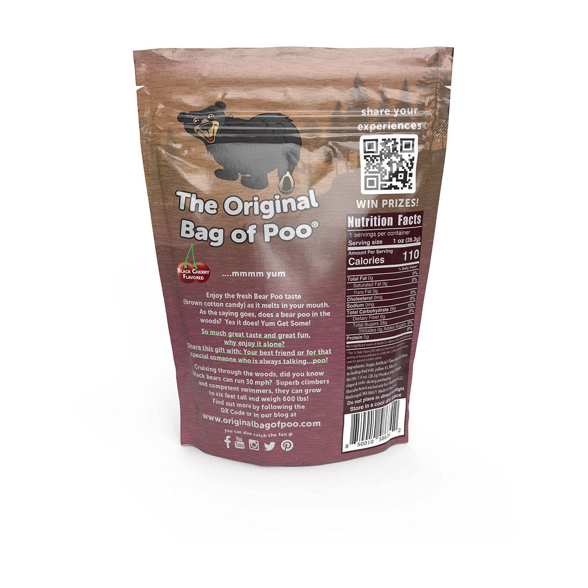 The Original Bag of Poo®, Black Bear Poo (Black Cherry Flavor Cotton Candy) Novelty Poop Gag Gift. Free sticker inside.
