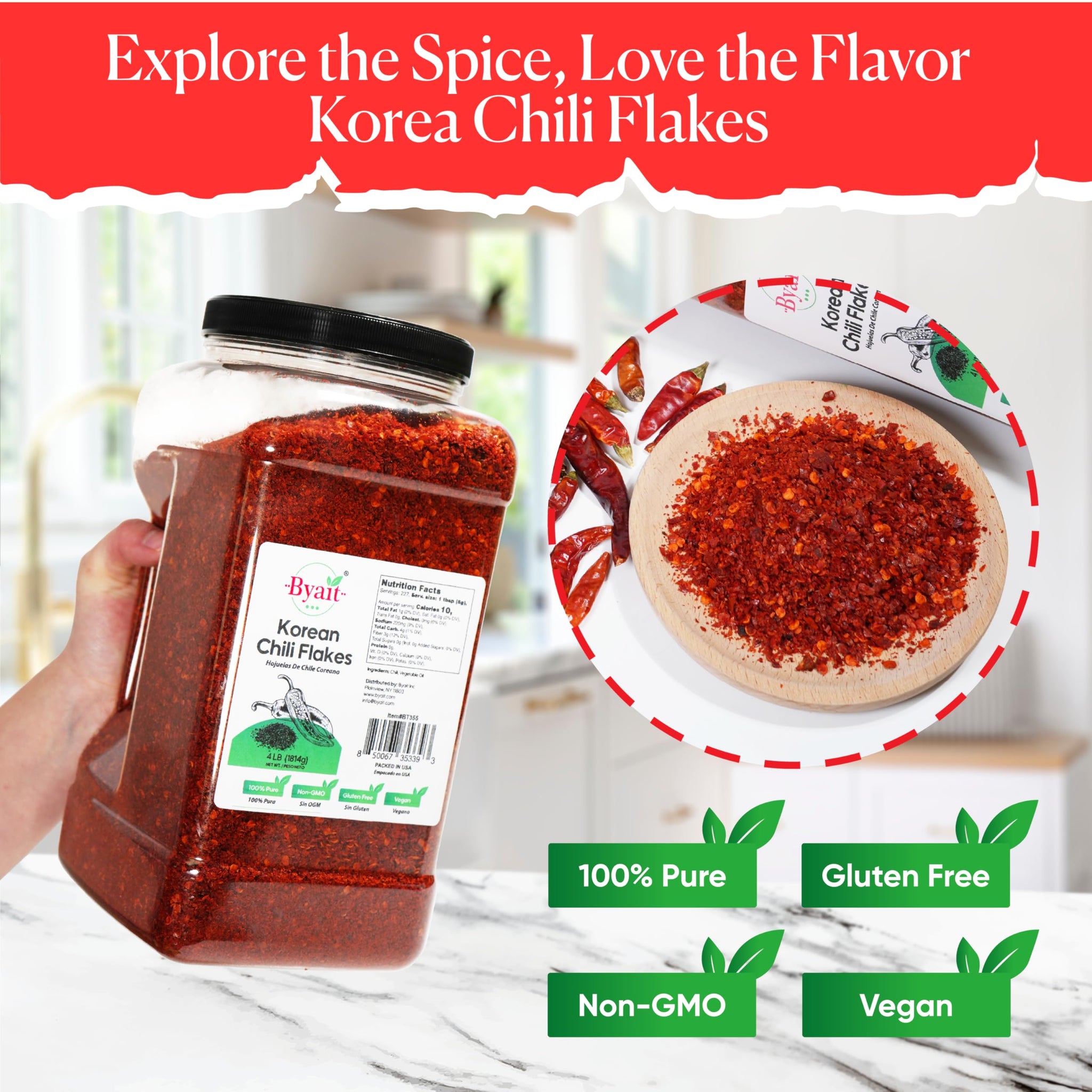 Byait Gochugaru Korean Chili Flakes 64 Oz (4 LB), Medium Hot