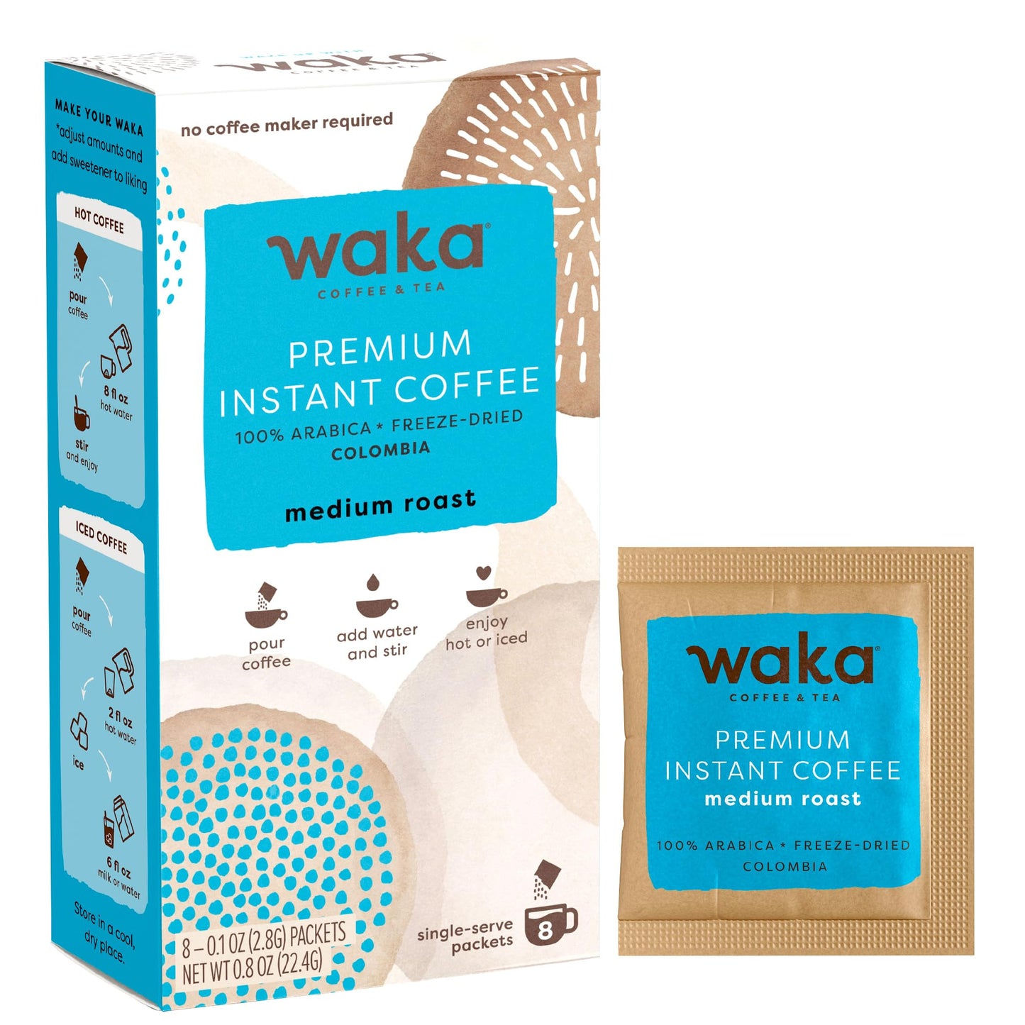 Waka Premium Instant Coffee Sachets - 100% Arabica Freeze Dried Beans - For Hot or Iced Coffee (8 Count, Medium Roast)