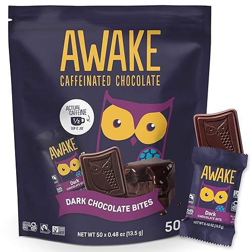 AWAKE - Caffeinated Chocolate Bites - Dark Chocolate, 50 Bites - 50mg Caffeine - Individually Wrapped Energy Bites - Coffee Alternative - Fairtrade