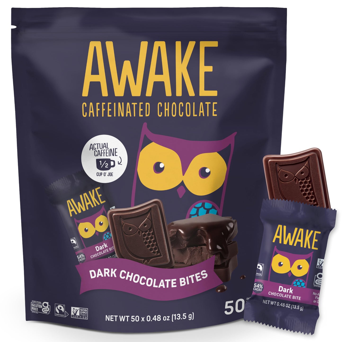 AWAKE - Caffeinated Chocolate Bites - Dark Chocolate, 50 Bites - 50mg Caffeine - Individually Wrapped Energy Bites - Coffee Alternative - Fairtrade