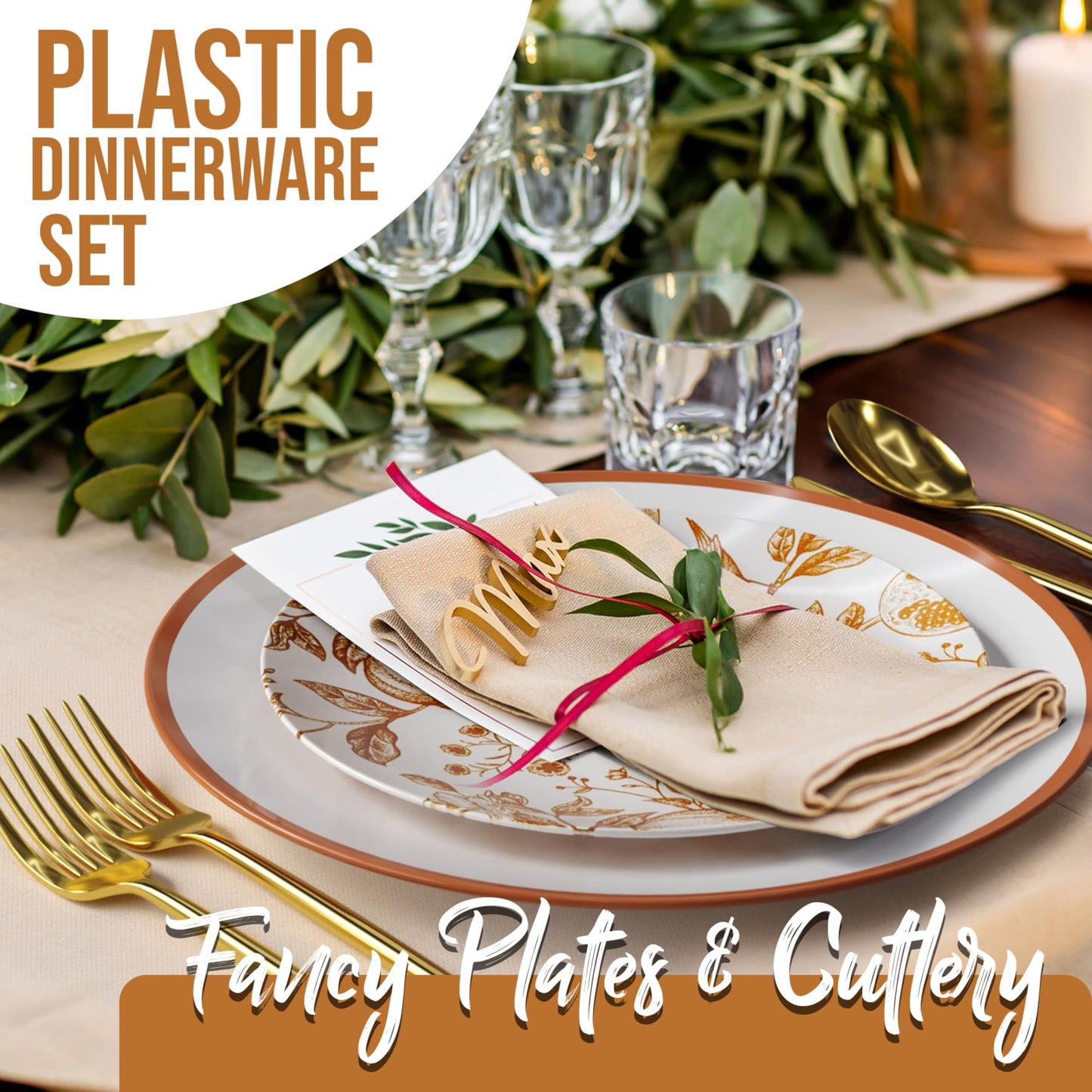 Trendables Fancy Plastic Dinnerware Sets 100 Pc Set 20 Guests Gold Silverware Disposable 20 X 10 Inch Charger Plates 20 X 8 Inch Dessert Plates 20 x