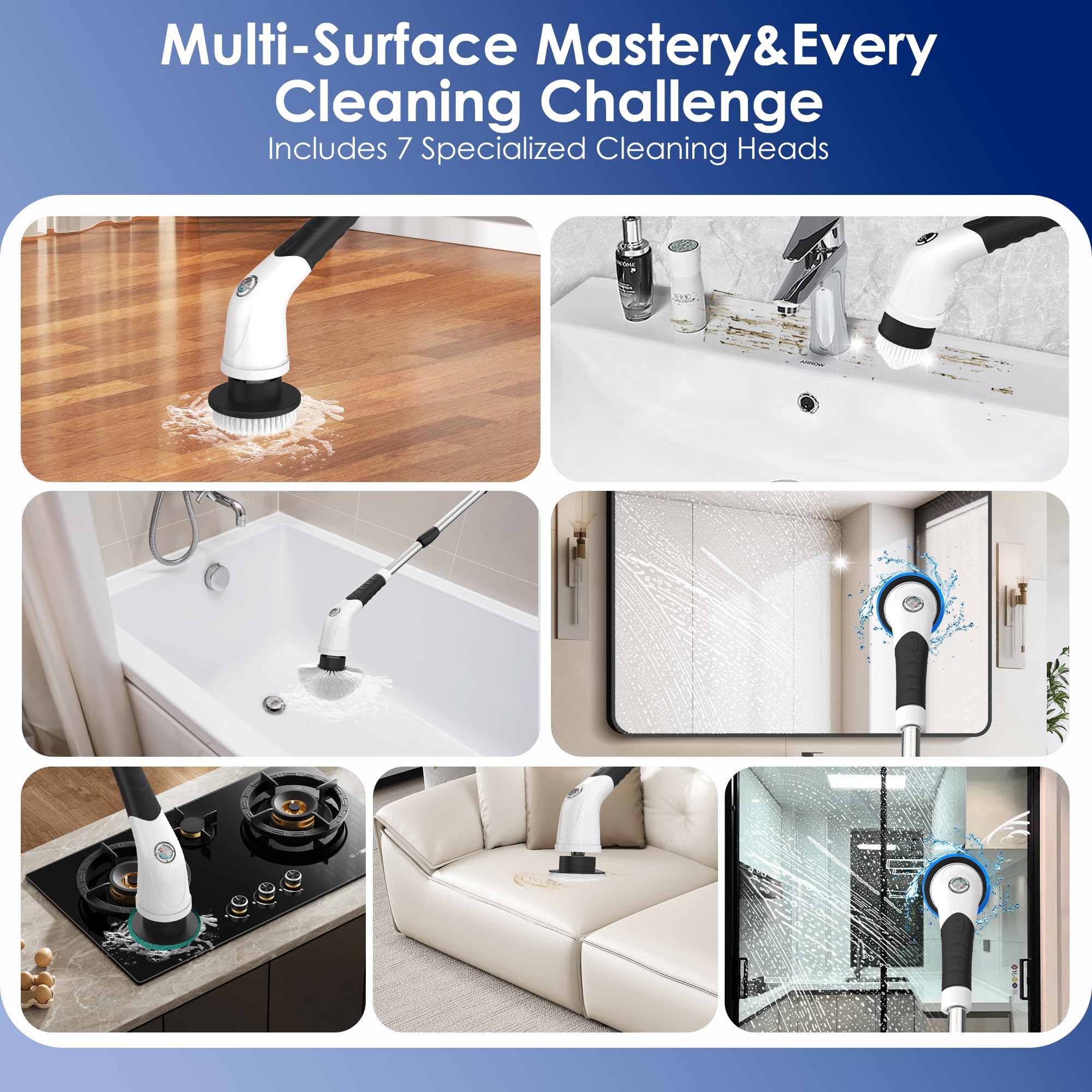 Cordless Electric Spin Scrubber, IPX7 Waterproof Rechargeable Power Cleaning Brush with 4000mAh Battery, 210min Runtime, 7 Brush Heads, 3 Adjustable