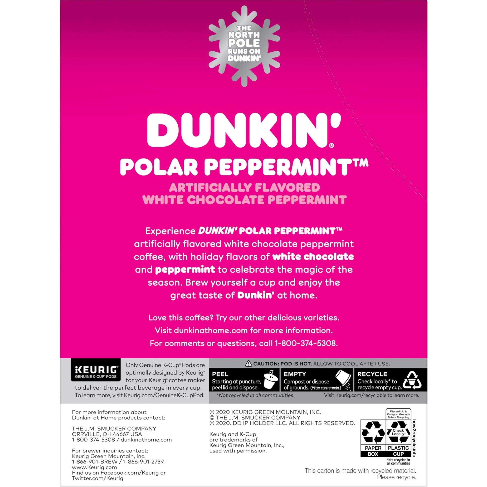 Dunkin Donuts Limited Edition Holiday Coffee K Cups - Polar Peppermint -1 Box of 22 Seasonal Kcup Pods For Keurig Coffee Makers