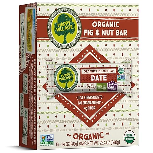 Happy Village Organic Fig & Nut Bars, DATE | Only 3 Ingredients, Gluten Free, No Added Sugar, Kosher, Non-GMO, Vegan, Good Source of Fiber | Organic