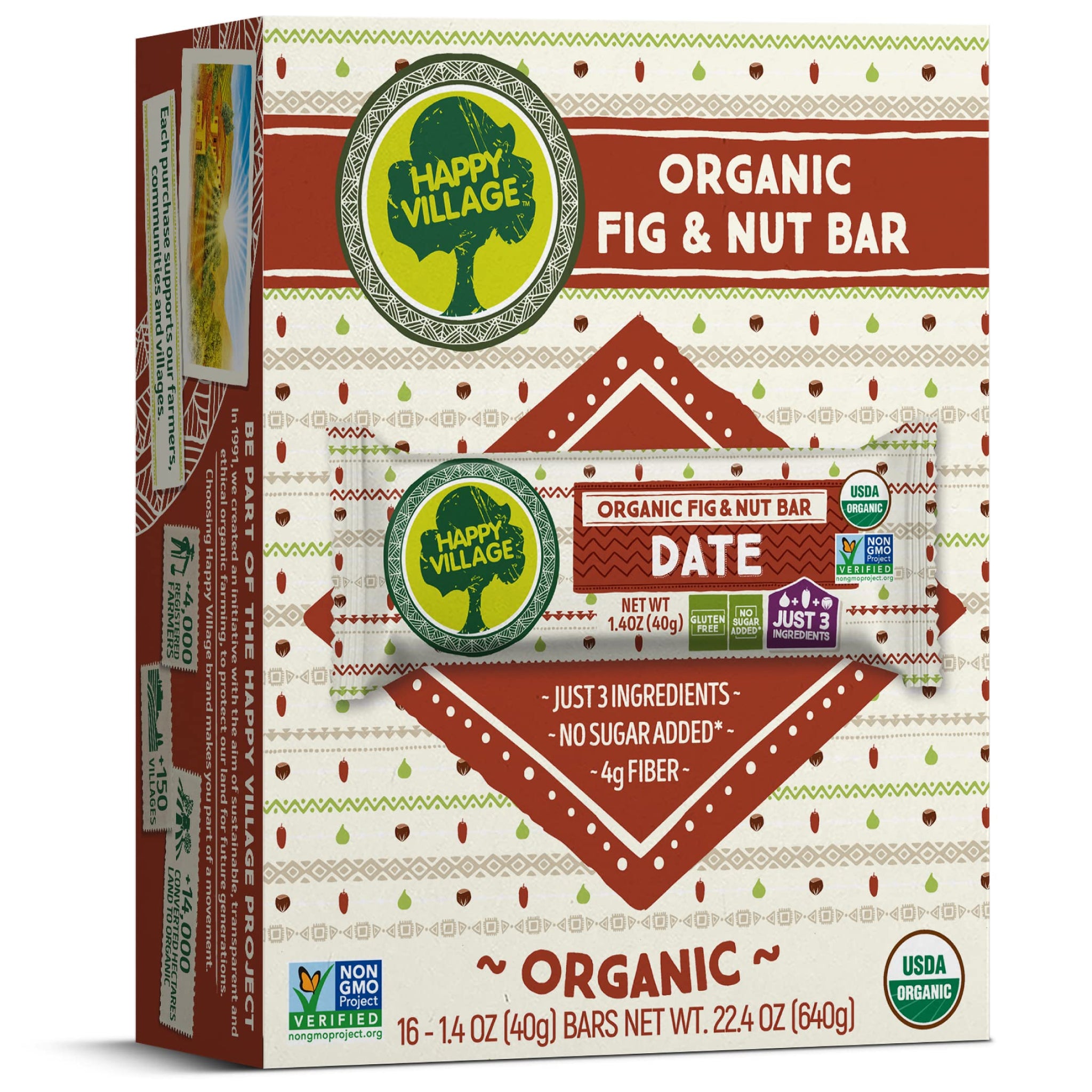 Happy Village Organic Fig & Nut Bars, DATE | Only 3 Ingredients, Gluten Free, No Added Sugar, Kosher, Non-GMO, Vegan, Good Source of Fiber | Organic