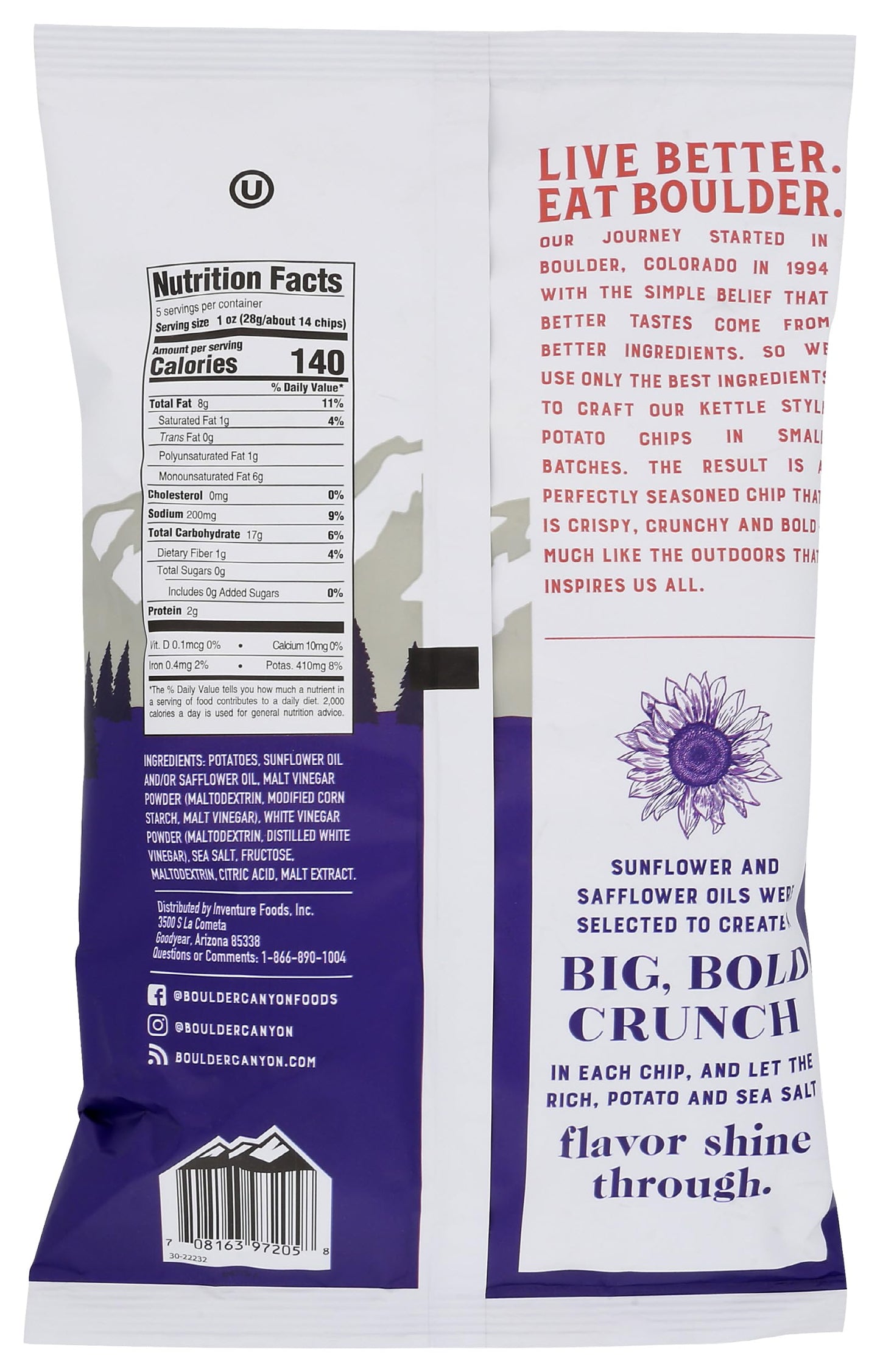Boulder Canyon Kettle Cooked Potato Chips, Malt Vinegar and Sea Salt, 5 oz