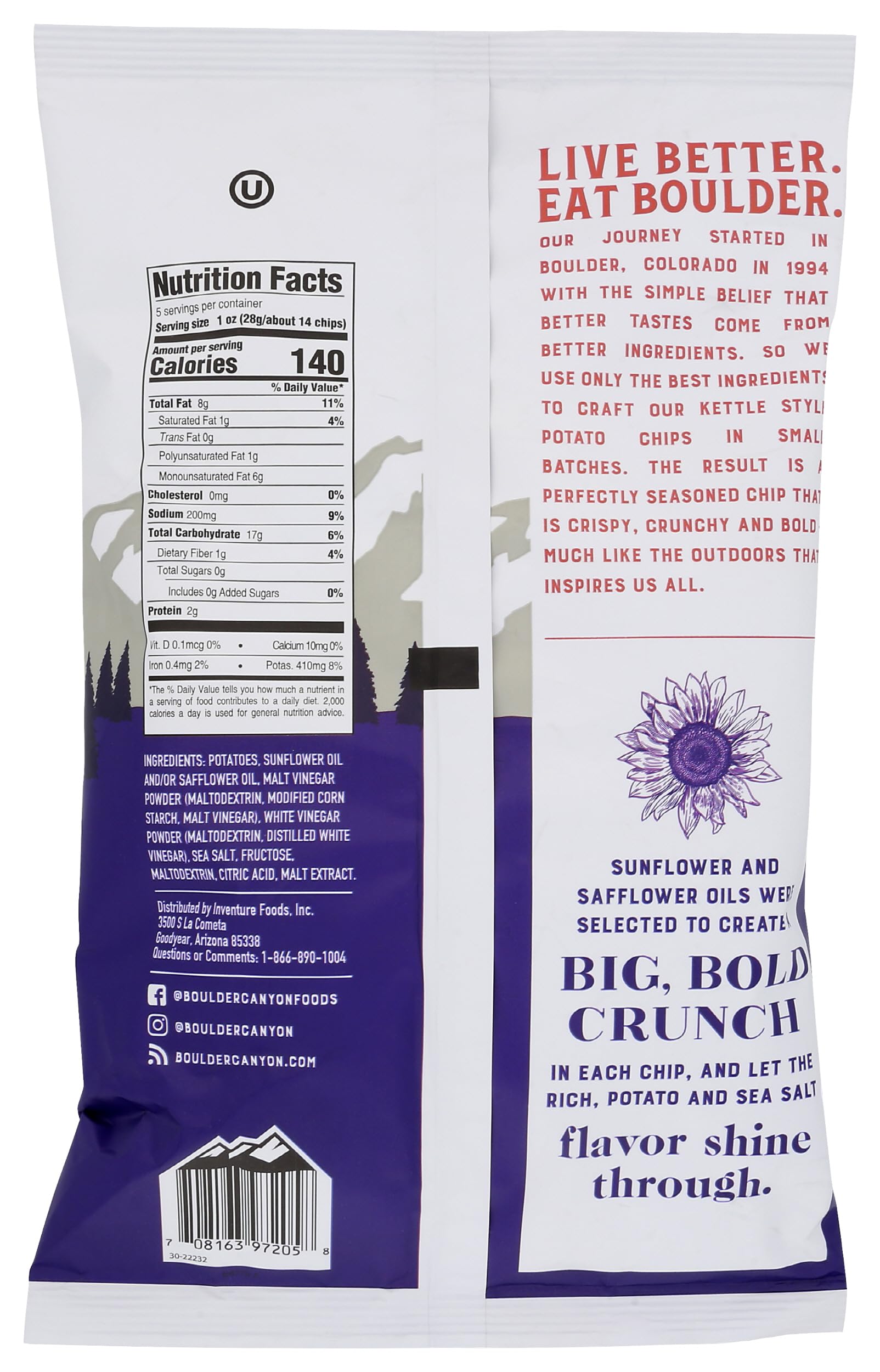Boulder Canyon Kettle Cooked Potato Chips, Malt Vinegar and Sea Salt, 5 oz