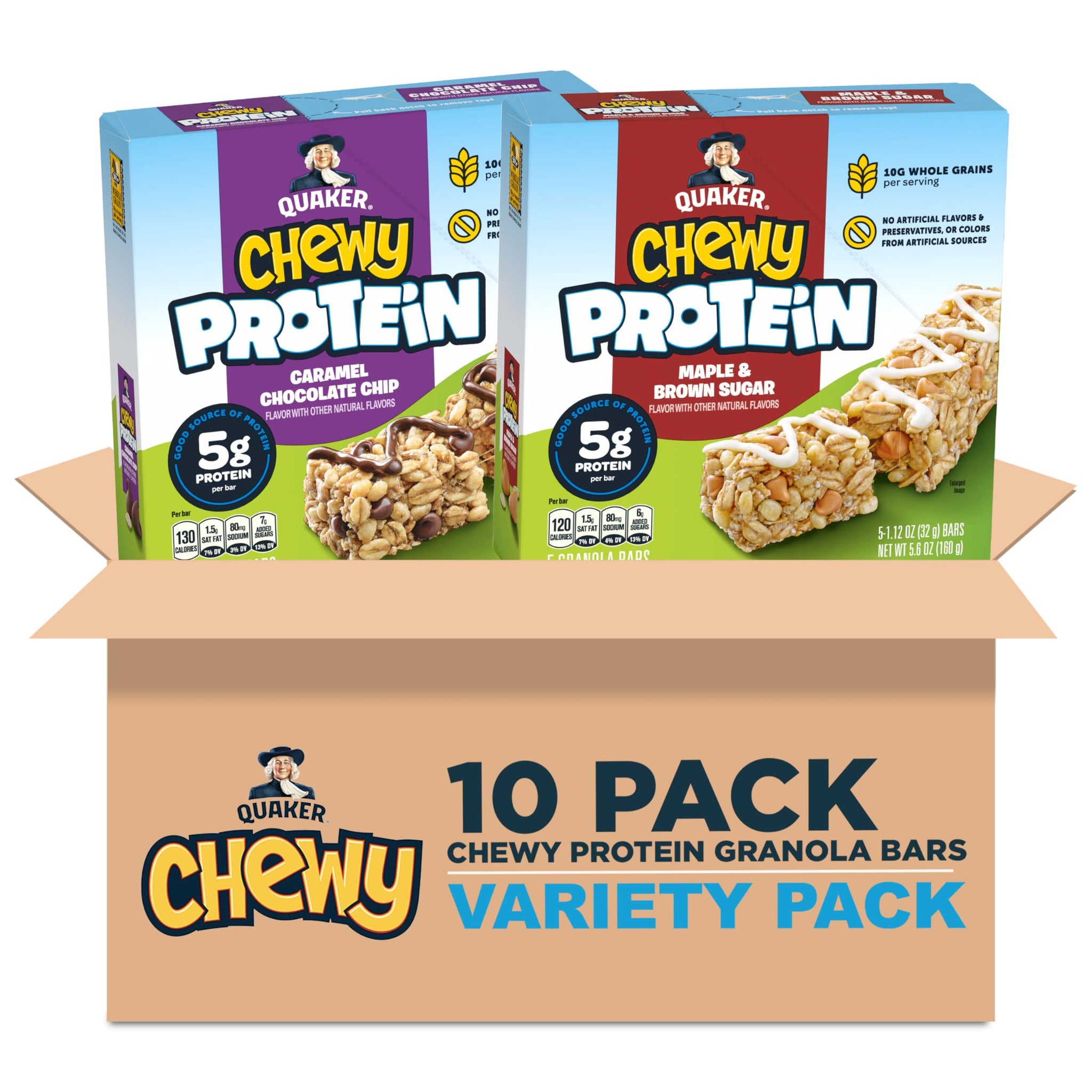 Quaker Chewy Protein Granola Bars Variety Pack, 1.12 oz Bars, (10 Pack) 5g Protein, No Artificial Flavors or Preservatives, No Colors from Artificial