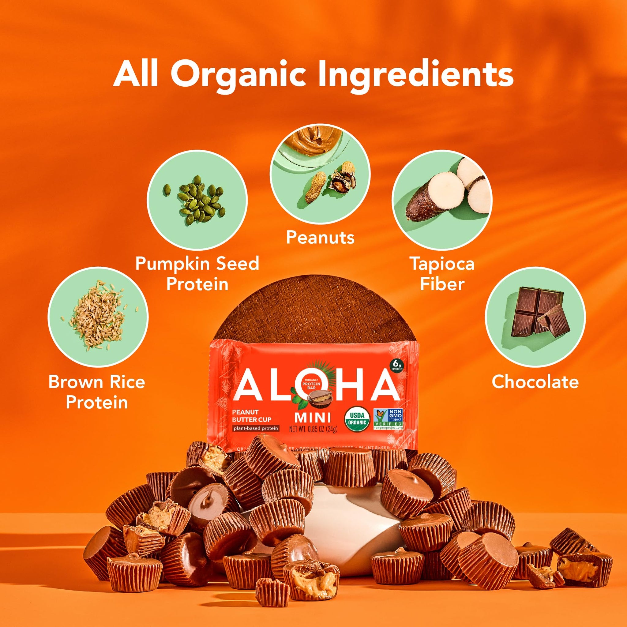 ALOHA Organic Plant Based Protein Bar MINIS |Peanut Butter Cup | 20 Count, 24g Bars | Vegan, Low Sugar, Gluten Free, Low Carb, Non-GMO, Stevia Free