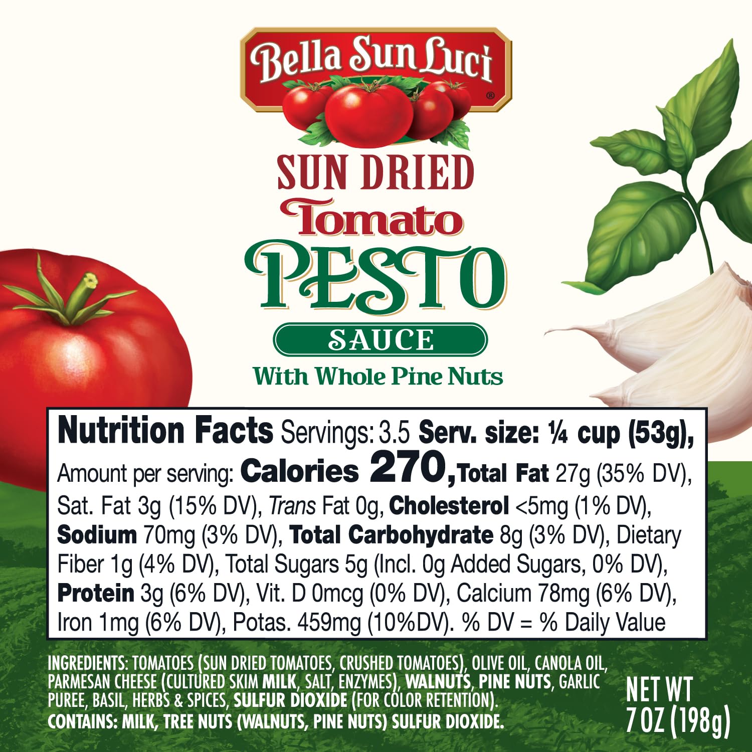 Bella Sun Luci Sun Dried Tomato Pesto Sauce with Whole Pine Nuts, Mediterranean Italian Style Sun-Ripened Tomatoes, Kosher, Vegan, Gluten-Free