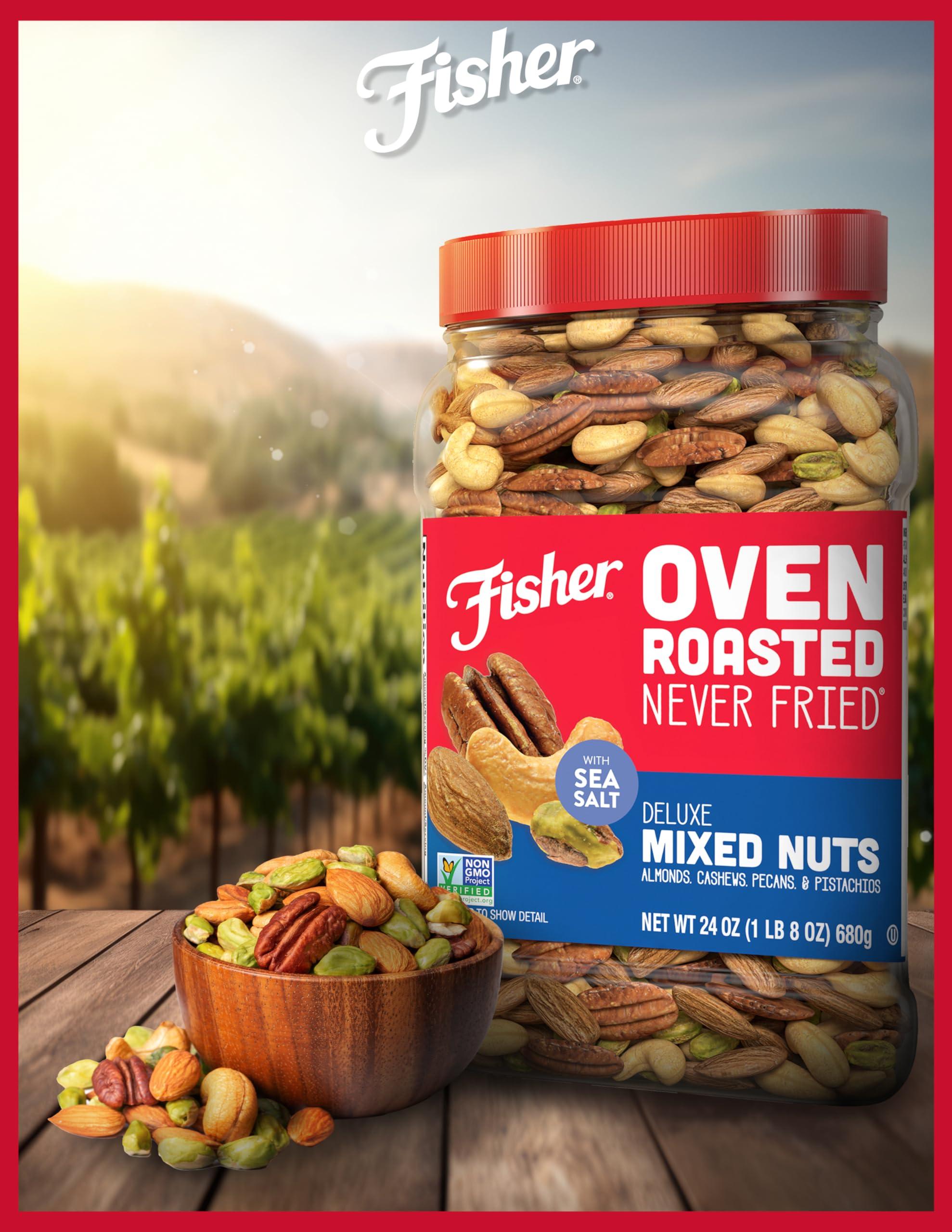 Fisher Oven Roasted Never Fried Deluxe Mixed Nuts, 24 Ounces (Pack of 1), Almonds, Cashews, Pecans, Pistachios, Healthy Snacks for Adults, Made