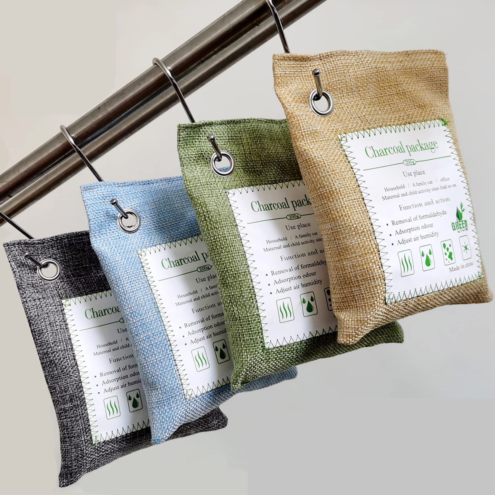 Bamboo Charcoal Bags Odor Absorber, 2 Packs 200g Charcoal Deodorizer Bags with Hooks, Nature Bamboo Charcoals Air Purifying Bags Activated Charcoals