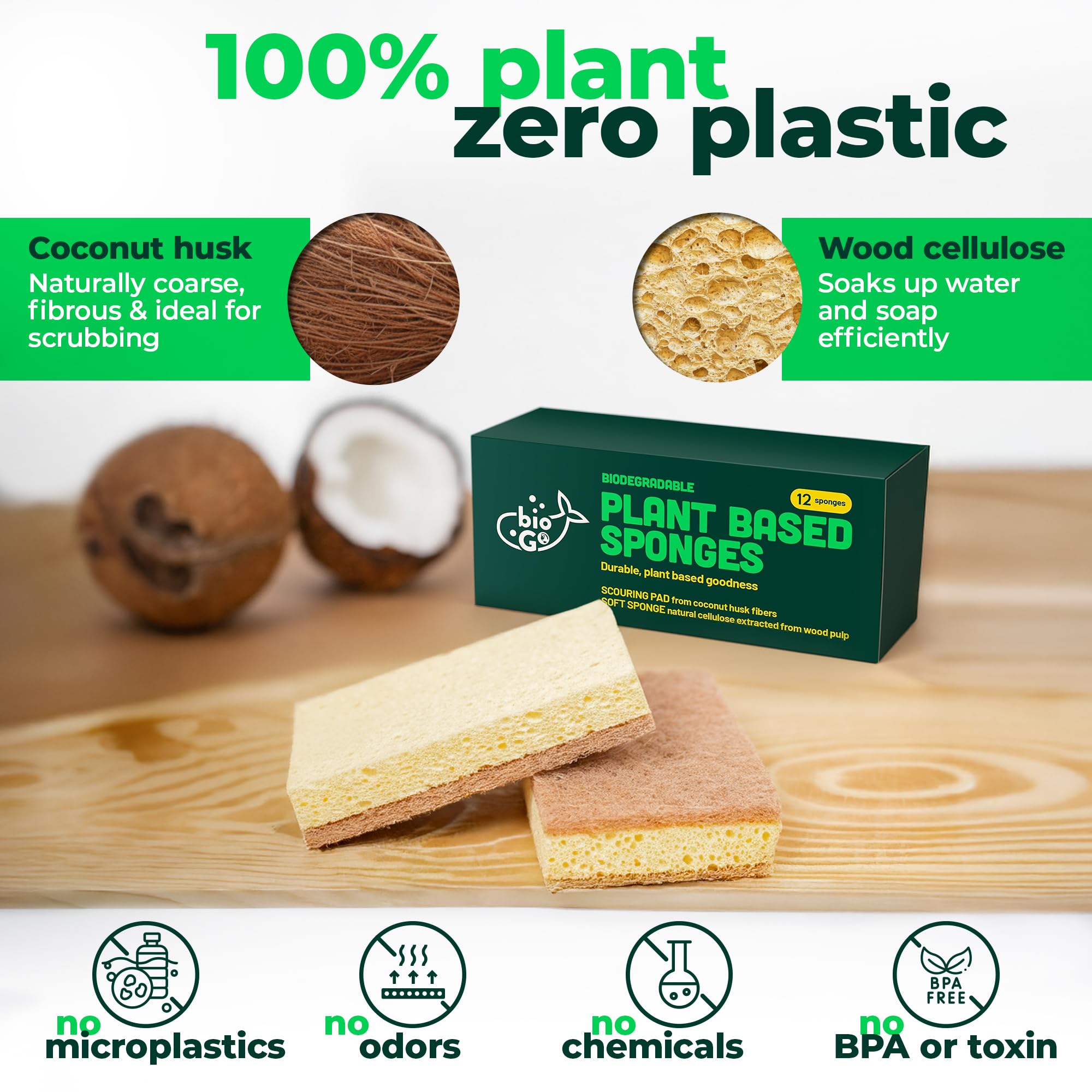 bioGo 12 Pack Natural Biodegradable Kitchen Sponges - Eco-Friendly, Compostable, Cellulose Dish - Compostable - Biodegradable - Cellulose Sponge