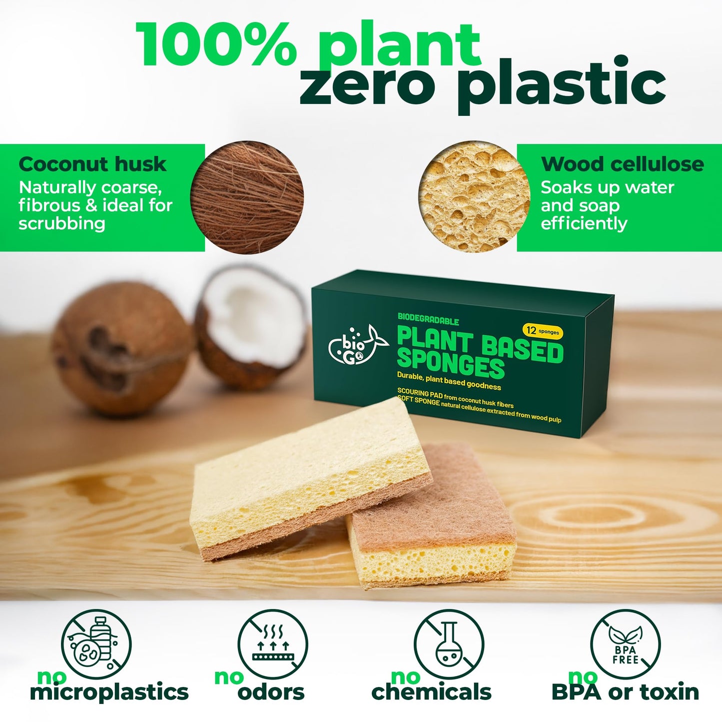 bioGo Biodegradable Kitchen Sponges - Natural Cellulose, Eco-Friendly, Compostable Cleaning Sponges - 24 Pack