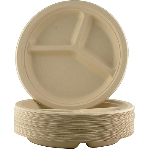 Restaurant-Grade, Biodegradable 9" 3-Compartment Plates. Bulk 25 Pk. Great for Lunch and Dinner Parties. Disposable, Compostable Wheatstraw Divided