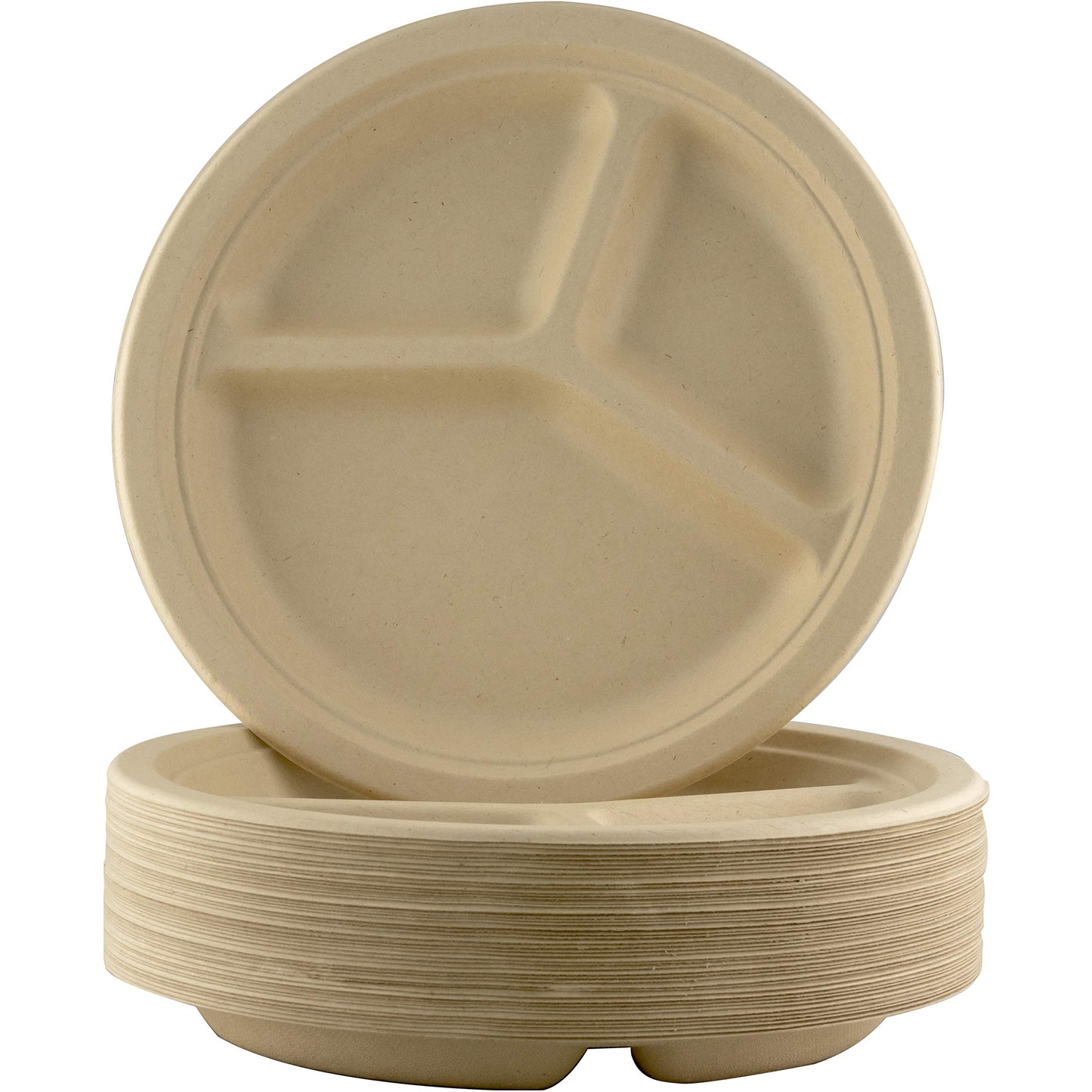 Restaurant-Grade Biodegradable 10 Inch 3-Compartment Plates Bulk 50 Pk. Great for Lunch and Dinner Parties. Disposable Compostable Wheatstraw Divided