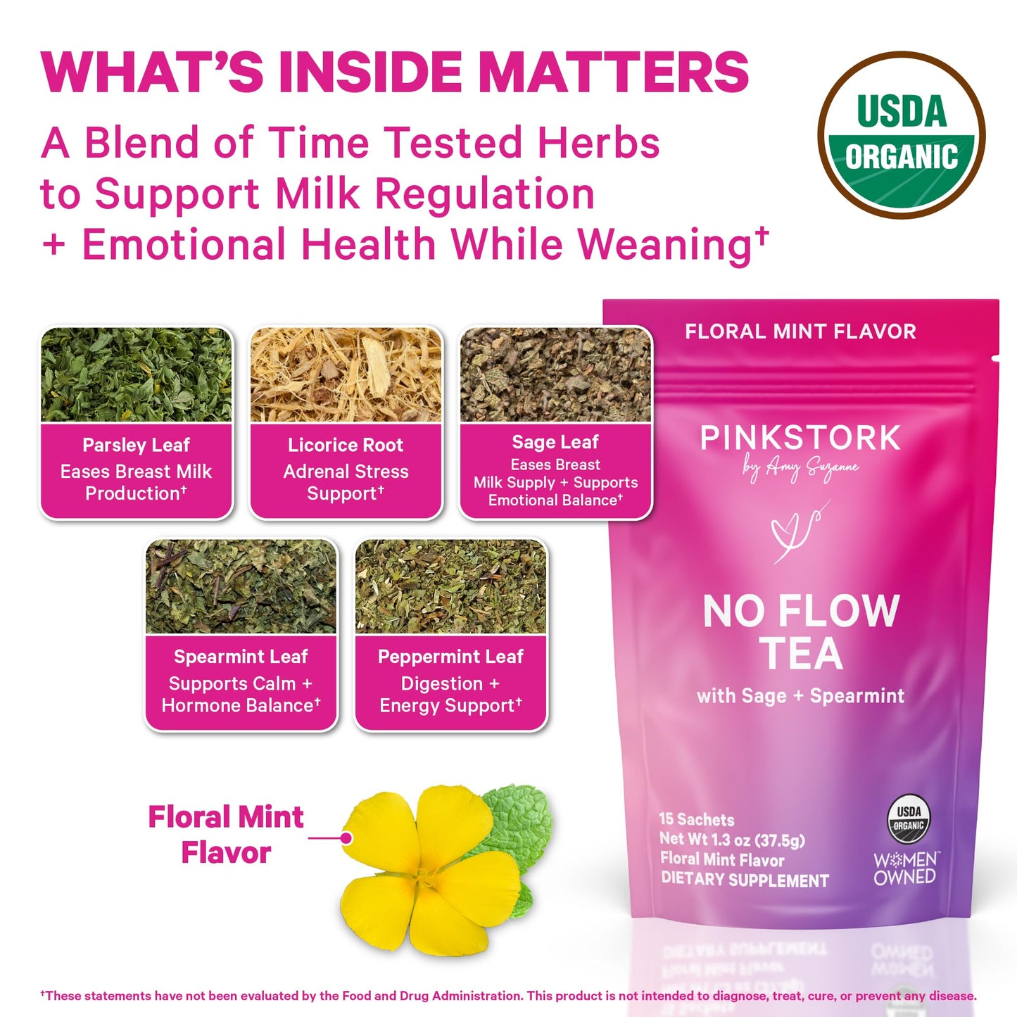 Pink Stork No Flow - Organic Sage Tea to Dry Up Breast Milk Supply and Decrease Milk Production, Stop Breastfeeding, Wean Lactation Naturally