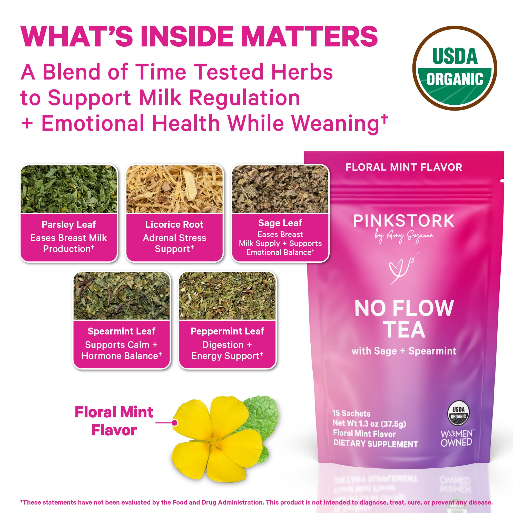 Pink Stork No Flow - Organic Sage Tea to Dry Up Breast Milk Supply and Decrease Milk Production, Stop Breastfeeding, Wean Lactation Naturally