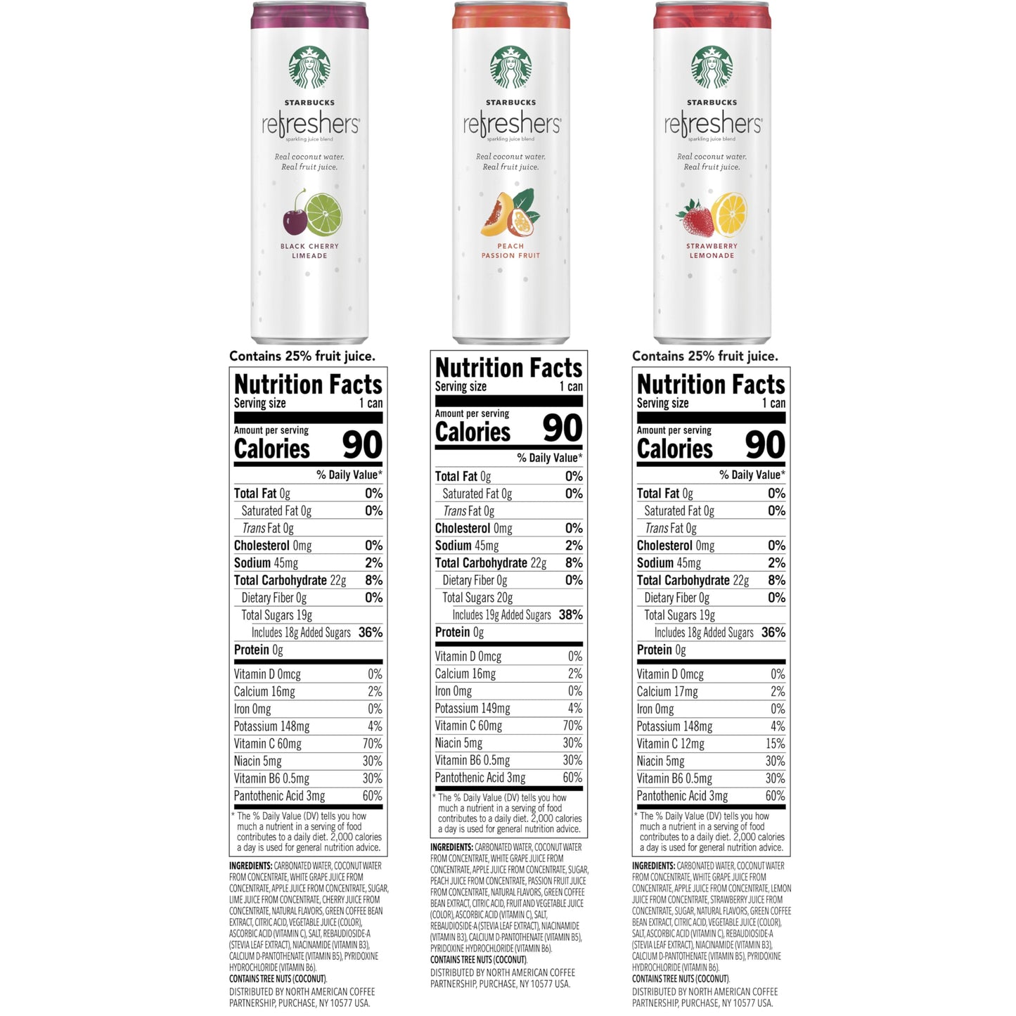 Starbucks Refreshers, 3 Flavor Variety Pack (Peach,Cherry, Stw Lmd), 12 Ounce Sleek Cans (Pack of 12)