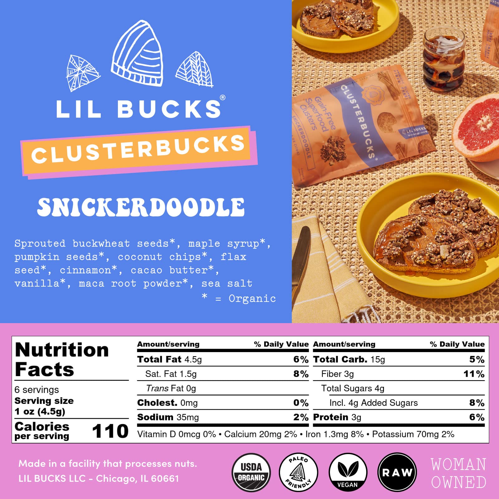 Lil Bucks Clusterbucks Grain-Free Superfood Clusters made with Sprouted Buckwheat and Adaptogens, Gluten Free Snack (Snickerdoodle, 6 Pack)
