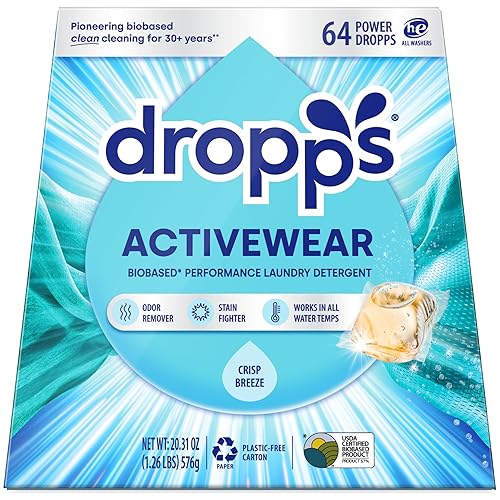 Dropps Activewear Laundry Detergent Pods, Crisp Breeze (64 Count) - Powerful Laundry Pods | Fights Sweat & Body Odors | For Synthetic Workout Clothes