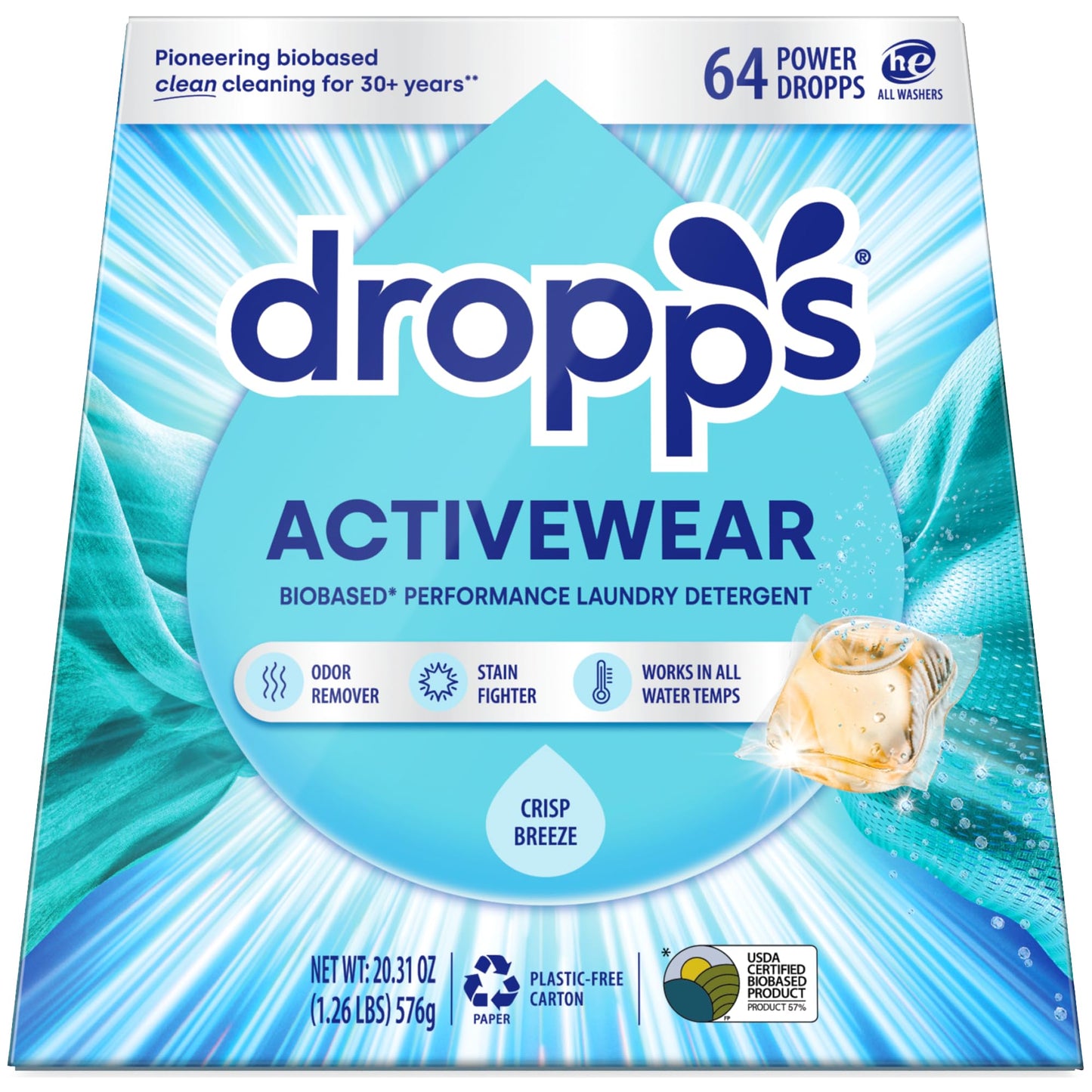 Dropps Activewear Laundry Detergent Pods, Crisp Breeze (64 Count) - Powerful Laundry Pods | Fights Sweat & Body Odors | For Synthetic Workout Clothes