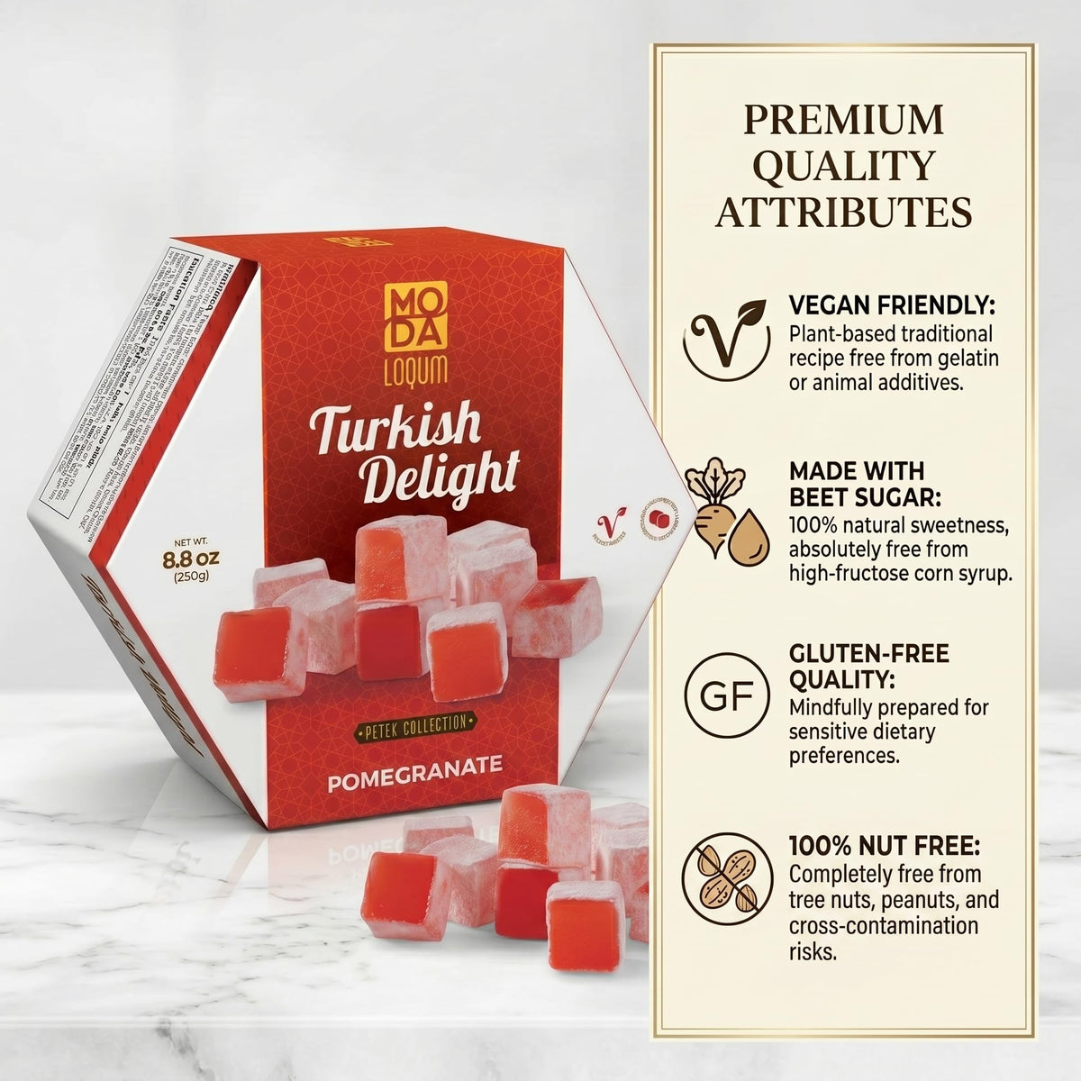 Turkish Delight Candy (Lokum) - Gourmet Chewy Candy, Premium Gift Box - Honeycomb Packaging, 8.8 oz (250g), Middle Eastern Sweets (Pomegranate)